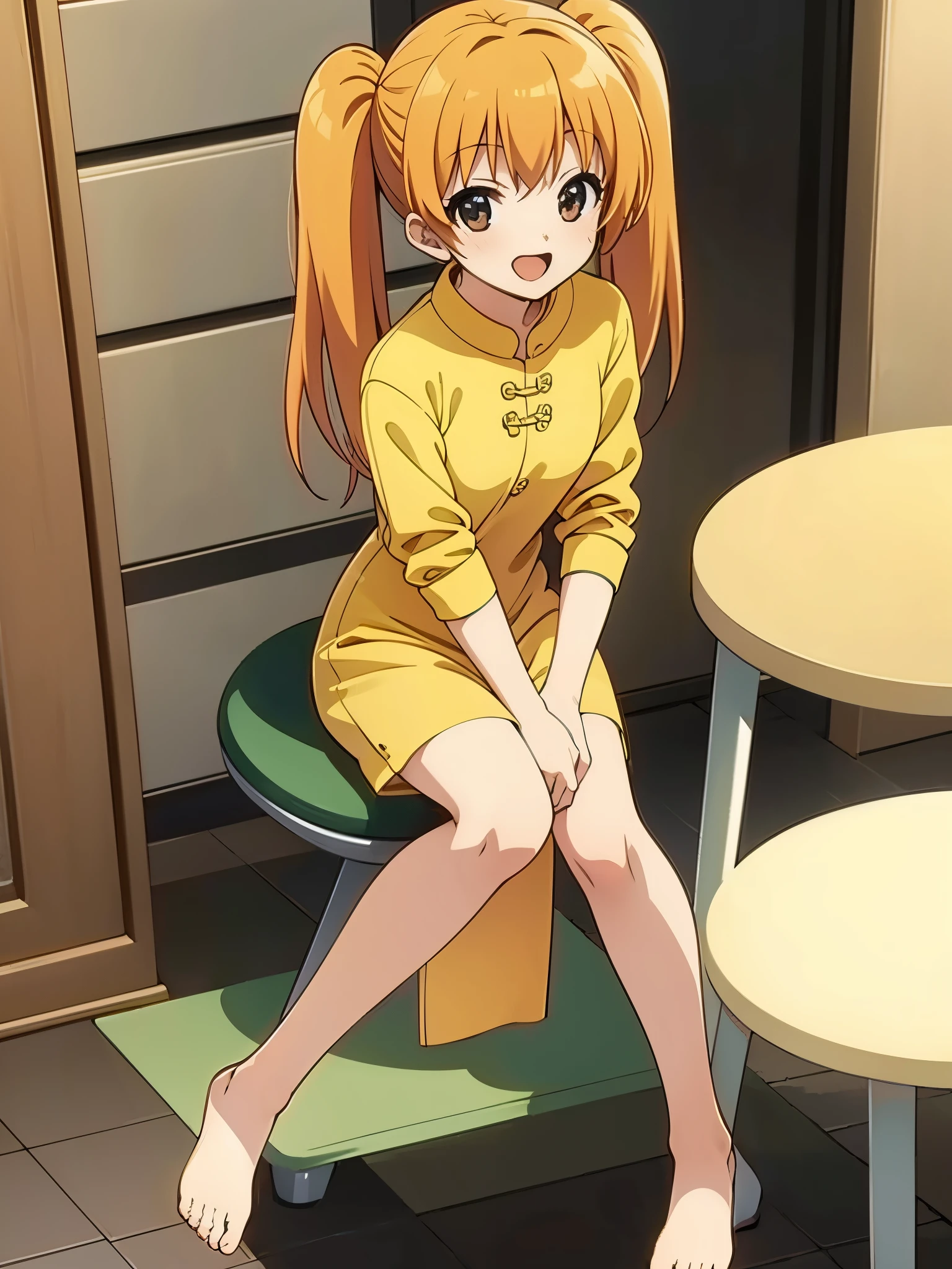 indoor, in chinese rooom, wearing yellow chinese dress, bare foot1:3, sitting on chair, shy, blush, anime style, orange hair1:4, break high bridge1:8, BREAK super straight hair, BREAK long side twin tails1:6, masterpiece,