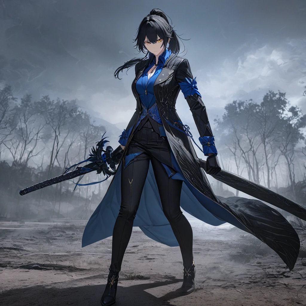 A woman wearing a Vergil costume (devil may cry 5), long black coat, teal blue t-shirt inside, black pants, black leather boots, holding a katana without a sheath, full body, serious face, perfect face, perfect eyes, breasts big, long black hair, yellow eye, ponytail hair, teal blue bow in her hair, black gloves, standing, walking on a dirt floor with some trees and a stormy sky, with lightning in the sky.UHD, masterpiece, accurate, anatomically correct, textured skin, super detail, high quality, best quality, 8k, high resolution, bokeh effect. (woman alone), Honkai Star Rail, Full body view, looking at the viewer,