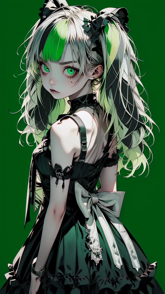     movie poster featuring a young female zombie、 (Silver_hair, green_hair,two-tone_hair:1.4)、( long twin tail :1.2)、Dance Hair、(light green clear eyes 1 .3)Glare、  Her face always has the same expression    , ( Gothic Dress:1.3)、(  black simple background 1  .4)、Rough, With danger and tension、 Rear shot 、(short bang :1.3)、( staring at the camera:1.4)、anger