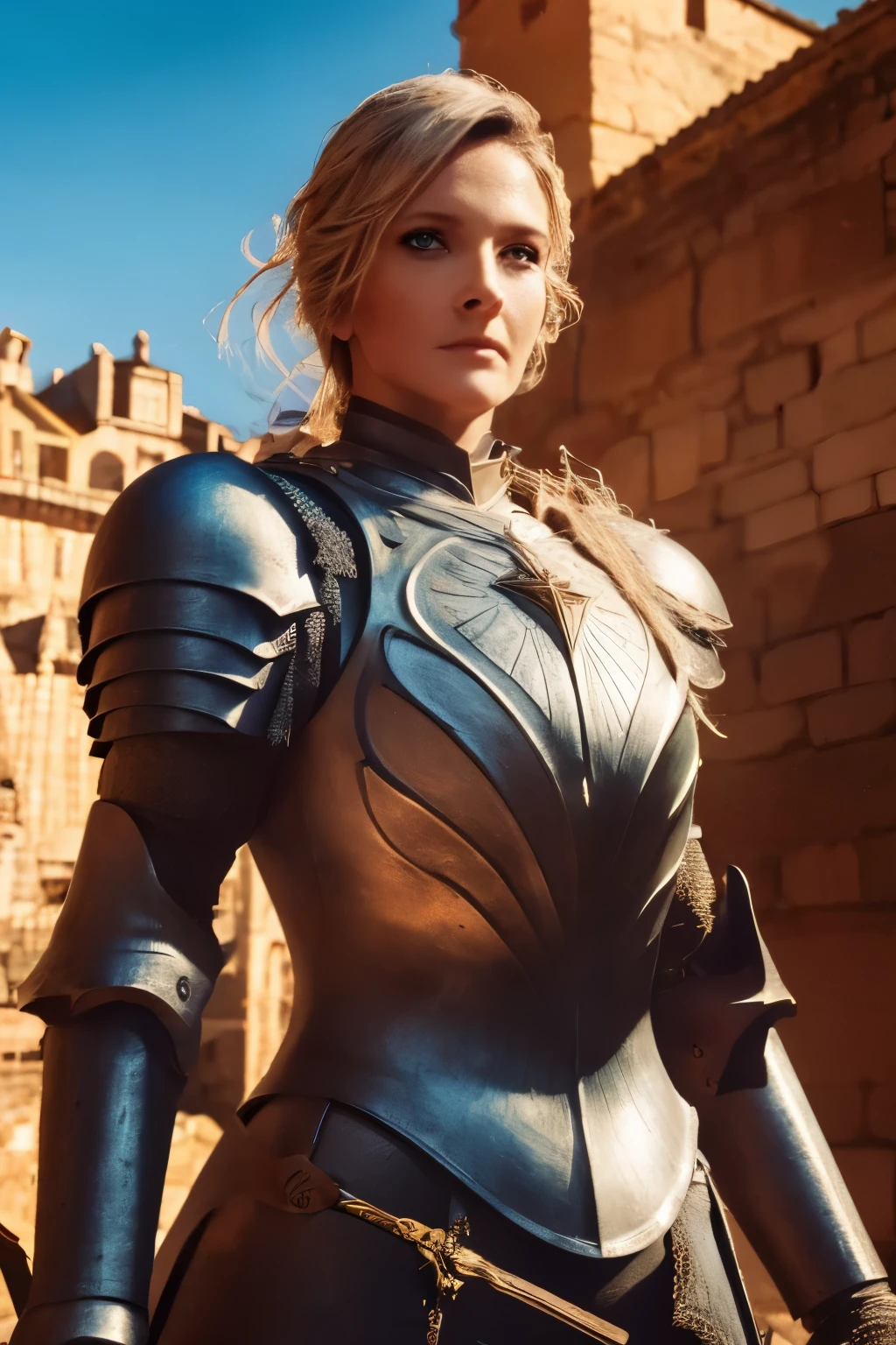 (best quality,4k,8k,highres,masterpiece:1.2),ultra-detailed,(realistic,photorealistic,photo-realistic:1.37),Hawkgirl,medieval armor,medieval city,full body portrait,beautiful detailed eyes,beautiful detailed lips,extremely detailed eyes and face,longeyelashes,shiny metal armor,ornate engravings on the armor,fierce expression,flying in the sky,proud posture,standing on a rooftop,overlooking the city,ancient stone buildings,narrow cobblestone streets,bustling marketplace,colorful banners and flags,people in medieval attire,horse-drawn carriages,rays of sunlight breaking through the clouds,castle towers in the distance,stone bridges over a winding river,vivid colors,rich texture of the armor,delicate brushstrokes,painterly style,portraits,medieval style lighting and ambiance