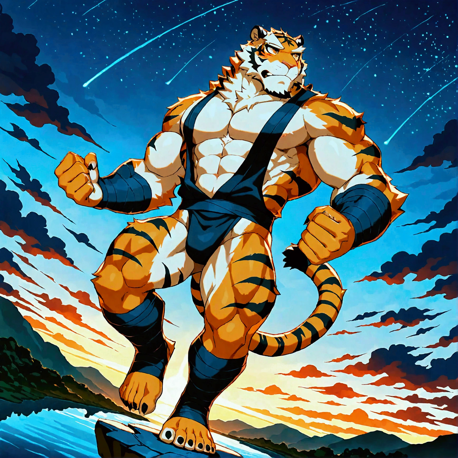 character focus, full body, looking away, dynamic angle, ninja, a muscular middle-aged tiger man, full body in Michelangelo Buonarroti style, housamo style, digital illustration anime, character focus, full body, looking away, dynamic angle, BREAK ninja costume clothes, ninja suits, standing, crossing one's arms, dynamic pose, detailed painting landscape, starry sky, kyoto, waterfall, outdoor, full color, HDR, BREAK complete anatomy, perfect proportions, beautiful thigh gap, fluffy body, intricate fur details, beautiful fur texture, BREAK a detailed tiger 1tail, detailed toe, 5toes, 5toes nails, beautiful foot, detailed hands, 5fingers, 5fingers nails, BREAK aesthetic anime face, insanity detailed face, male face, big face, square jawline, aesthetic anime eyes, detailed brown eyes, detailed brown cornea, detailed dark brown irises, detailed pupils, male eyes, big eyes, male eyebrows, innocent look, beautiful beard, BREAK masterpiece, official art, best quality, very aesthetic, absurdres, super fine illustration, great quality, BREAK noise reduction, very highres, large filesize, high quality, 32K, 8k wallpaper, dynamic lighting, BREAK insanity detailed, ultra detailed, intricate details, extremely detailed, detailed texture, an extremely delicate and beautiful, BREAK e621 illustration, osukemo, kemohomo, anthropomorphic, furry, cartoon, harmonious body, pastoral face, virtuous eyes, epic atmosphere