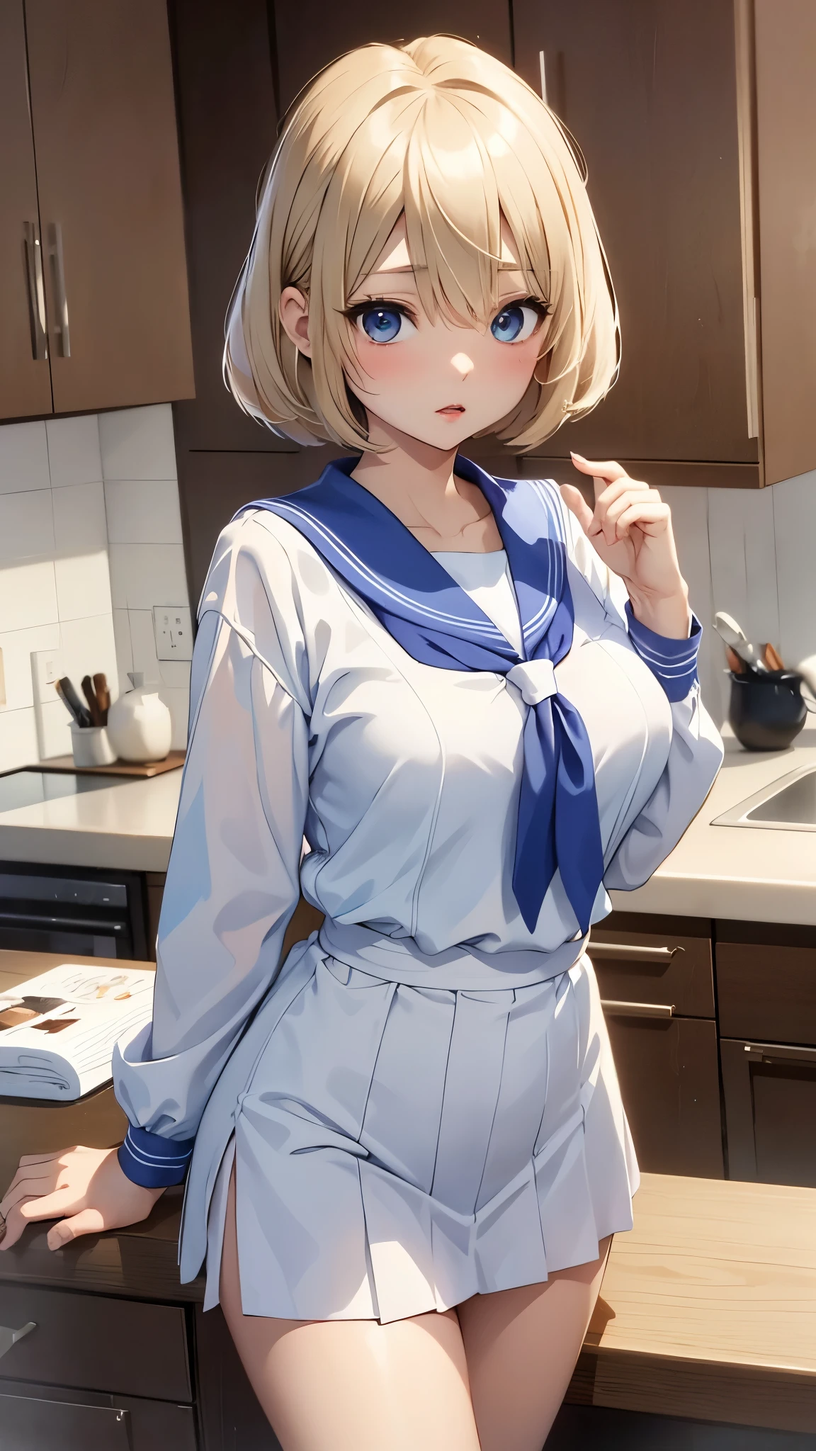 Umino Yuki、masterpiece,  best quality、 best quality,(8k resolution),Beauty、( looks like an adult)、 （  Sexy Perfect Style）、(  medium chest )、Blonde Bob Cut、white and blue sailor uniform