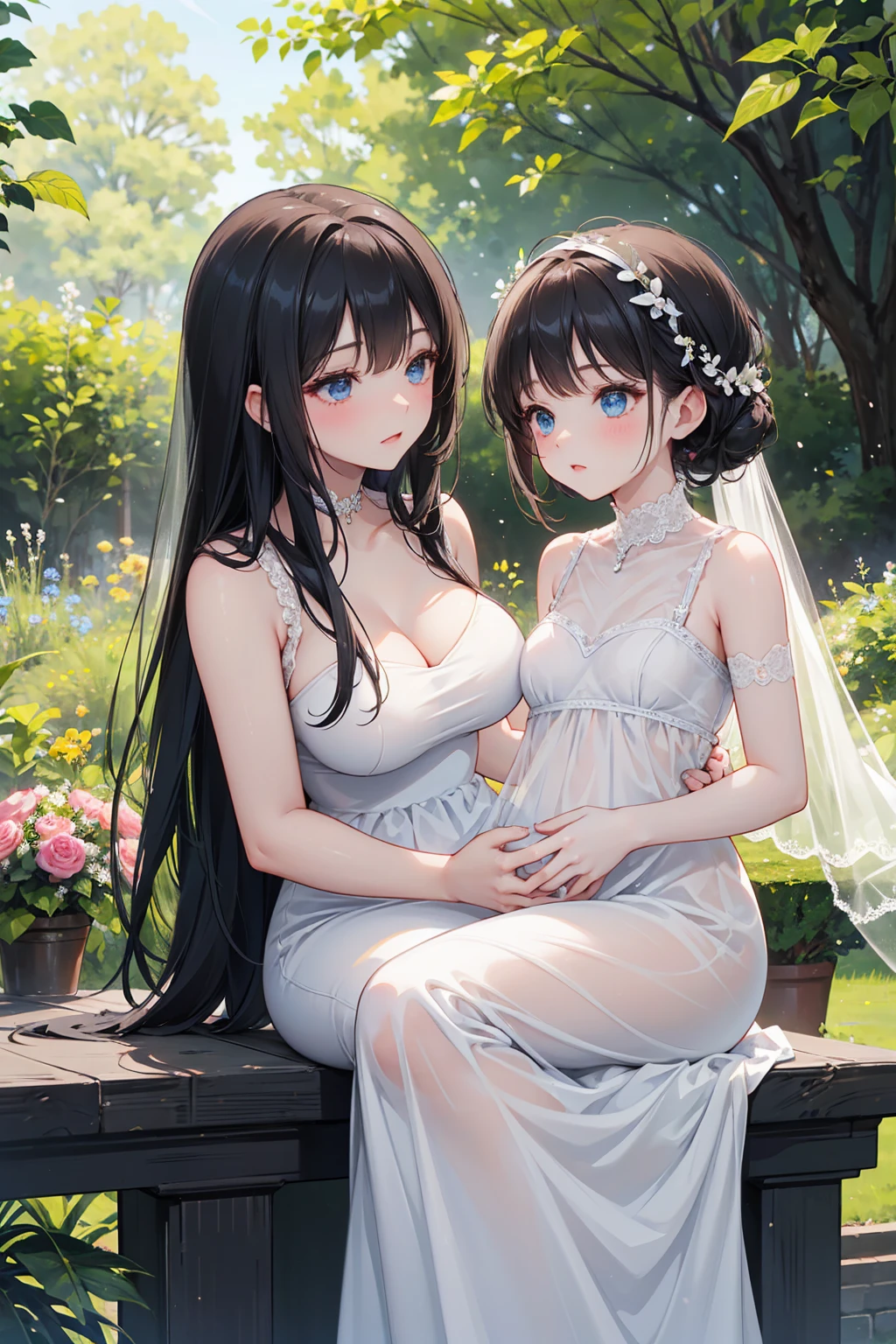 ultra-detailliert, Best Quality, High resolution, ((two cute girls with black hair)), Pretty eyes、Detailed eye depiction、Looking at Viewer, pale skin, Petite,（naked white wedding dress）、（I'm not wearing panties）、(flat chest), (Glasses), (blush:1.2), Blue eyes, huge smile, NSFW,　a bed、Focus on the face、cute long hair, Sit down and kneel up、