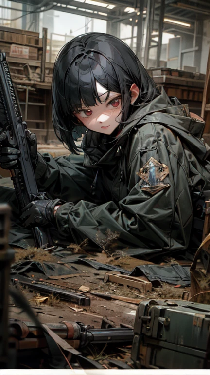  best quality、 in detail、 lying down 、Anti-material rifleを両手で持つ、 hooded girl、Black hair with a bob cut、Red eyes、Anti-material rifle、Huge rifle、Heavy equipment、Black clothes、iron、metallic、