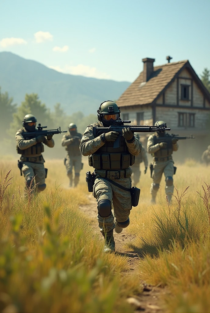 In an open field with small trees or the old house in the background and lots of people playing Airsoft or a sunny day 