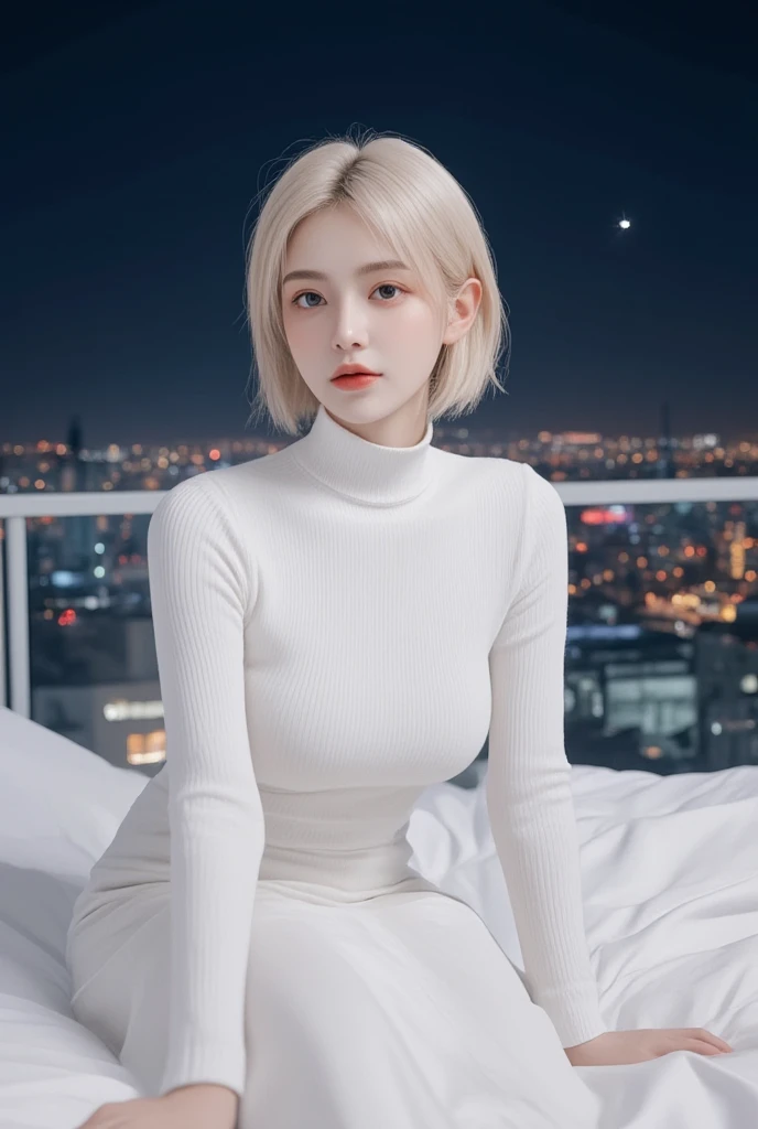 a 3D rendering of a blonde woman is seated on a white bed. She is wearing a white turtleneck and a white skirt. Her hair is short and cascades over her shoulders. Her eyes are a deep blue, and her lips are a vibrant red. The backdrop of the scene is a cityscape that is lit up with a few red lights. The sky is dark, and a star is visible in the upper right corner of the image.