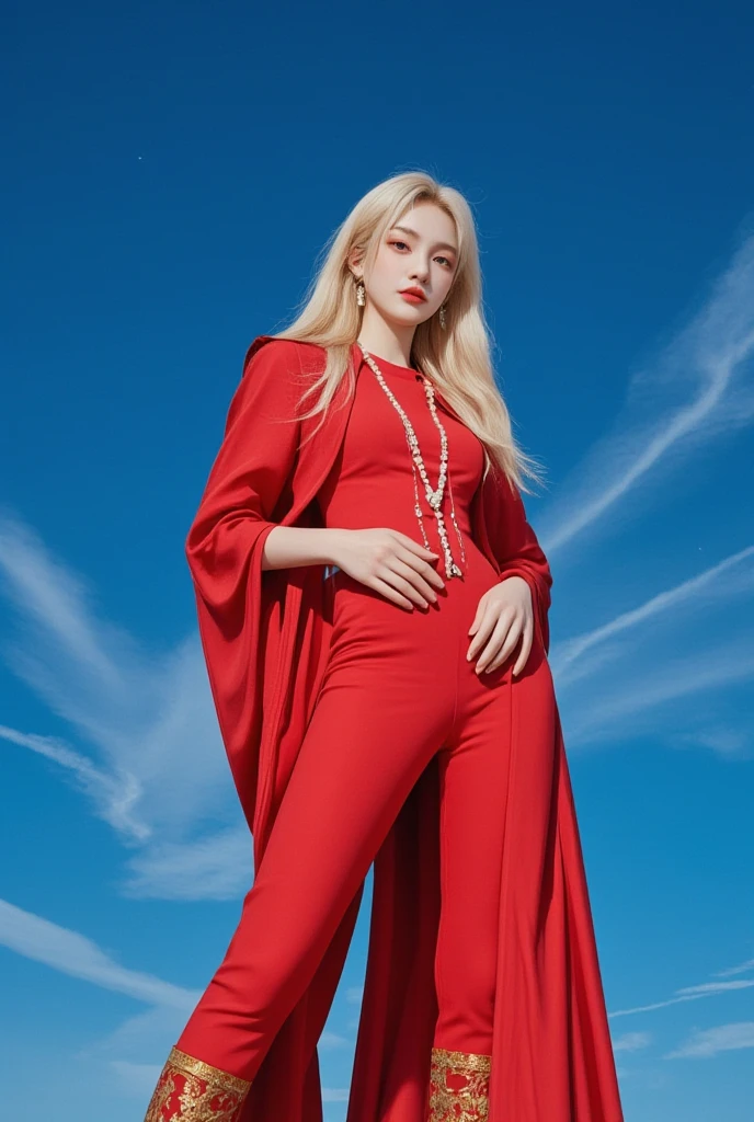 a medium-angle shot of a woman in a red wetsuit stands in front of a backdrop of a star-filled sky. Her blonde hair is cascading over her shoulders, adding a touch of warmth to the scene. She is adorned with a necklace, adorned with pearls, and a red cape. Her boots are adorned with gold embroidery. Her arms are wrapped around her waist, adding depth to the composition. The backdrop is a vibrant blue, with a few wispy clouds in the sky.