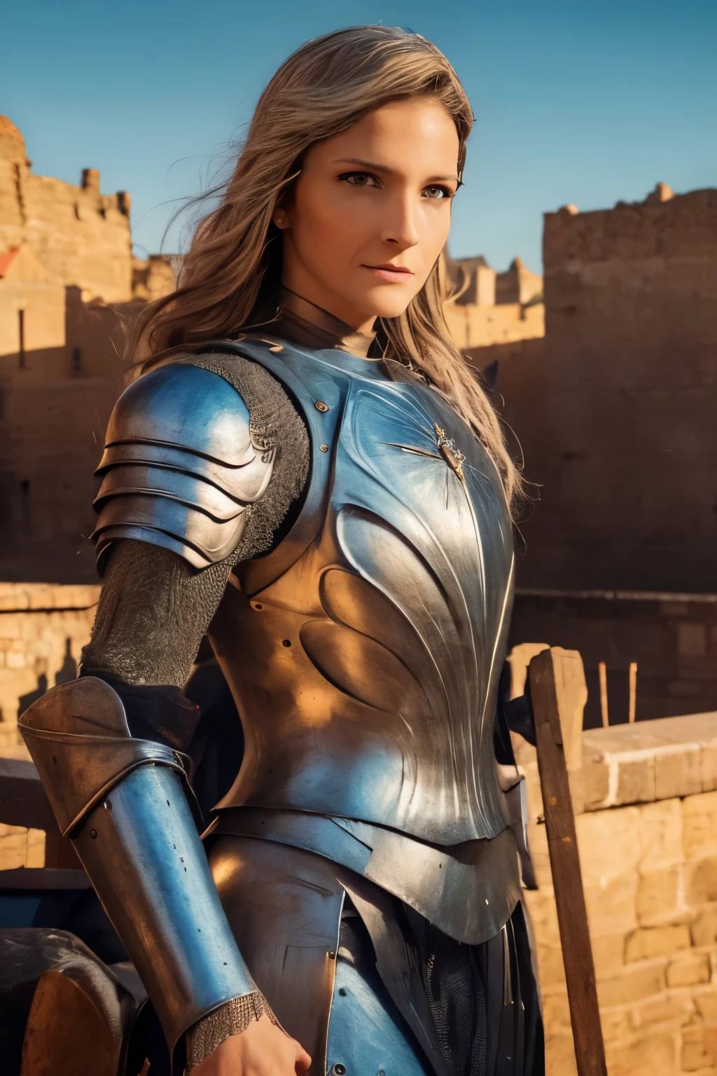 (best quality,4k,8k,highres,masterpiece:1.2),ultra-detailed,(realistic,photorealistic,photo-realistic:1.37),Hawkgirl,medieval armor,medieval city,full body portrait,beautiful detailed eyes,beautiful detailed lips,extremely detailed eyes and face,longeyelashes,shiny metal armor,ornate engravings on the armor,fierce expression,flying in the sky,proud posture,standing on a rooftop,overlooking the city,ancient stone buildings,narrow cobblestone streets,bustling marketplace,colorful banners and flags,people in medieval attire,horse-drawn carriages,rays of sunlight breaking through the clouds,castle towers in the distance,stone bridges over a winding river,vivid colors,rich texture of the armor,delicate brushstrokes,painterly style,portraits,medieval style lighting and ambiance