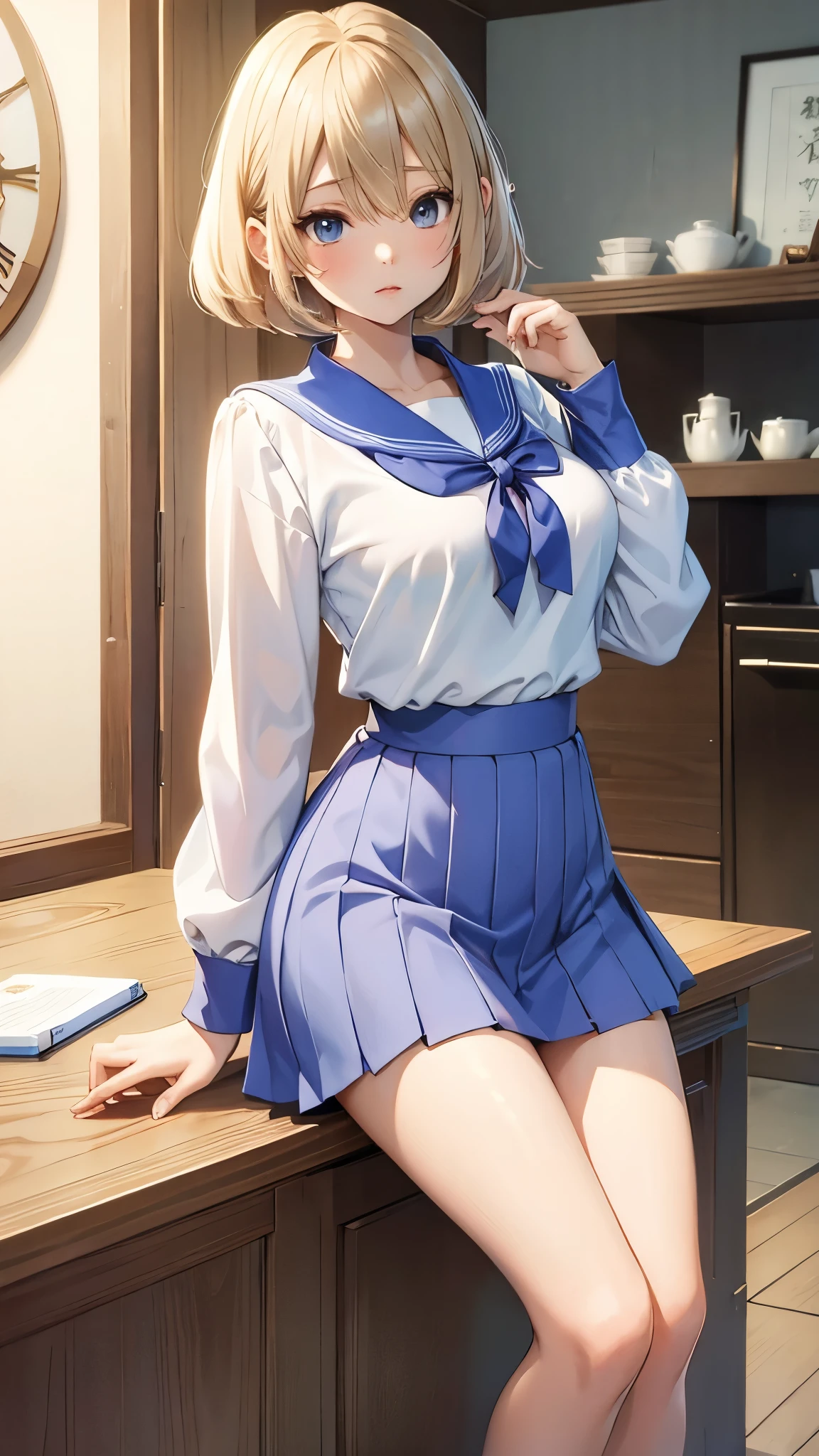 Umino Yuki、masterpiece,  best quality、 best quality,(8k resolution),Beauty、(Adult female)、 （  Sexy Perfect Style）、(  medium chest )、Blonde Bob Cut、white and blue sailor uniform、 blue skirt