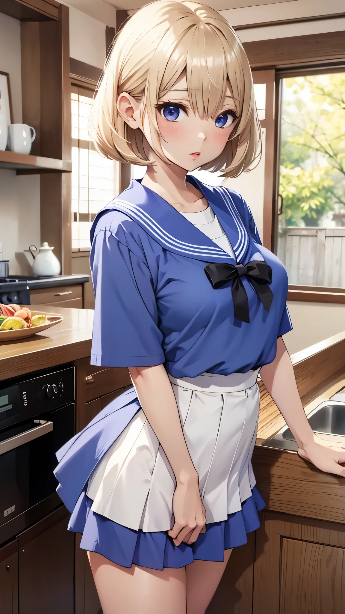 Umino Yuki、masterpiece,  best quality、 best quality,(8k resolution),Beauty、(Adult female)、 （  Sexy Perfect Style）、(  medium chest )、Blonde Bob Cut、white and blue sailor uniform、 blue skirt