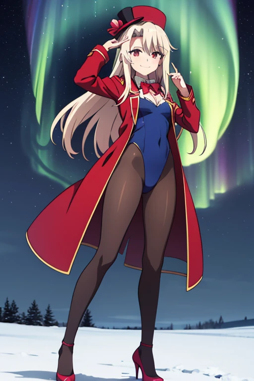 best quality, masterpiece, highres, solo, (illyasviel_von_einzbern_fatestaynightufotable:1.10), 1girl, papakha, night, northern lights, aurora borealis, stage, 1girl, solo, smile, red top hat, pink bow, low-tied long hair, earrings, jewelry, long sleeves, red jacket, red coat, red bowtie, red tailcoat, light blue vest, blue leotard, black pantyhose, red high heels, anime coloring, closed mouth, looking at viewer, smile, anime_style