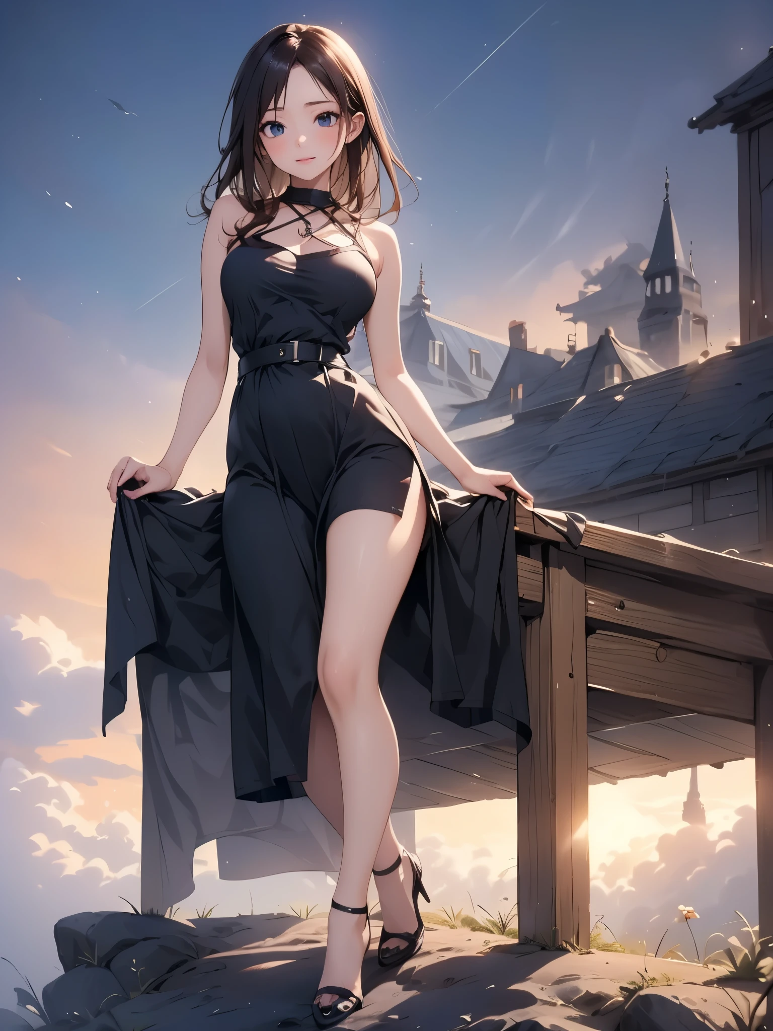 standing woman, Front, cocktail dress, nude color dress, plunging neckline, Whole body. Ochako Uraraka, medium breasts, braless, lace panties, perfect legs, High heels, perfect arms, perfect hands, perfect feet, view from below, upskirt. Super detailed, masterpiece. garden, evening