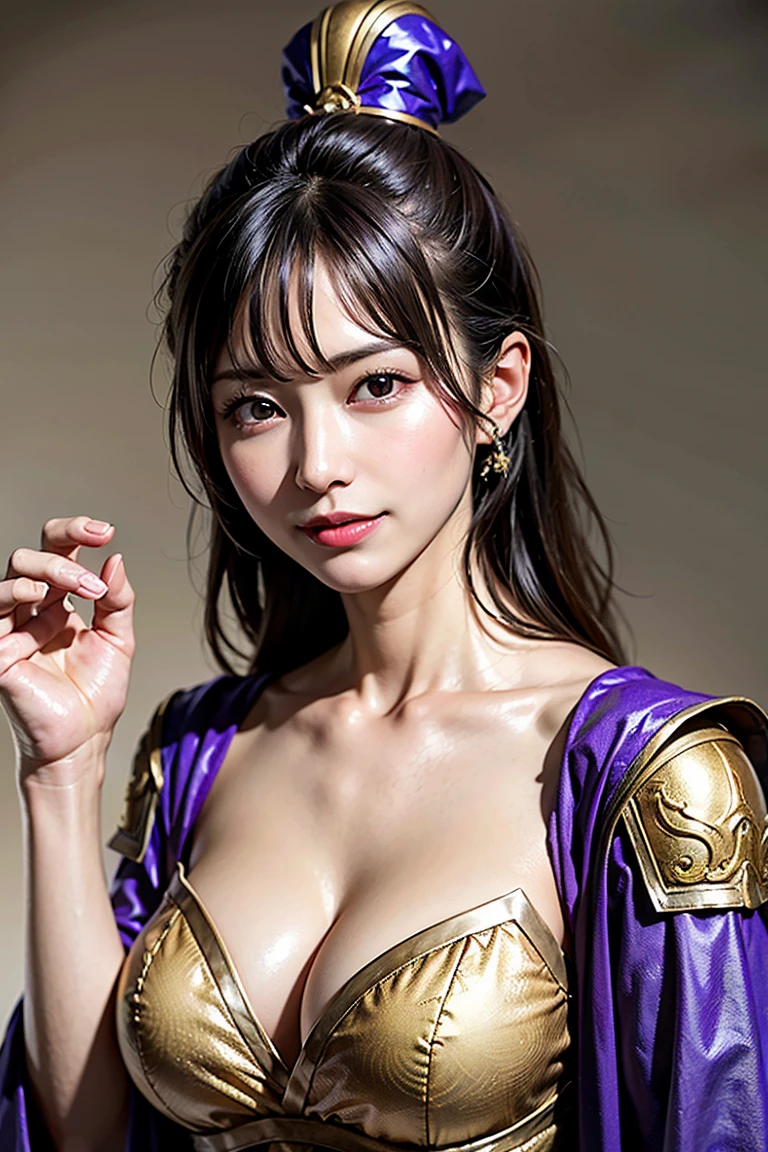  in armor and a purple cloak, 1 person, gorgeous young woman, Raise Your Side at a Chinese Restaurant ,cleavage, high definition face and skin texture, staring at the camera , perfect beauty: 1.4, fine grain, double eyelids, Whitening,  best quality ,  ultra high resolution with forest background,simple background,Chinese Warrior,tsuyoshi Nagano style