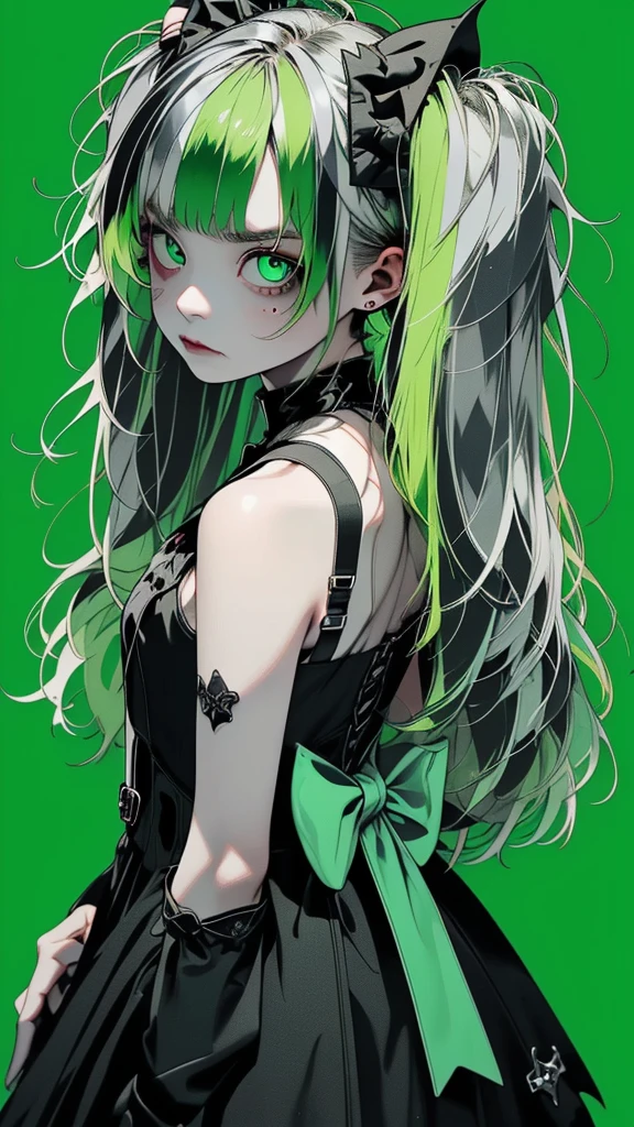     movie poster featuring a young female zombie、 (Silver_hair, green_hair,two-tone_hair:1.4)、( long twin tail :1.2)、Dance Hair、(light green clear eyes 1 .3)Glare、  Her face always has the same expression    , ( Gothic Dress:1.3)、(  black simple background 1  .4)、Rough, With danger and tension、 Rear shot 、(short bang :1.3)、( staring at the camera:1.4)、anger