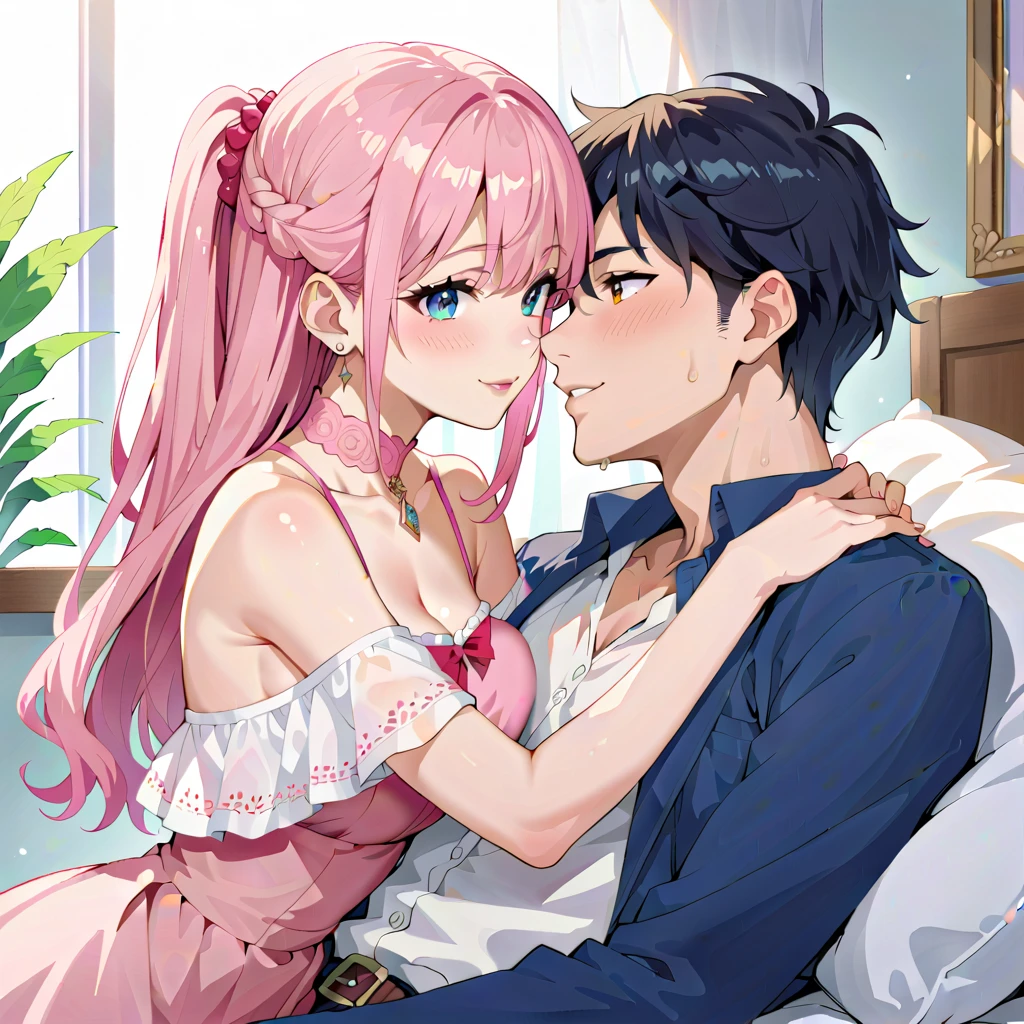 1 male、A man hugs a beautiful girl with an innocent face and long black hair who looks like the heroine of an anime,A man in cute pink clothes , I can see my tits from my chest, Max Image，In the futon， during sexual activity,sex,Expression that endures climax ，Intense movement