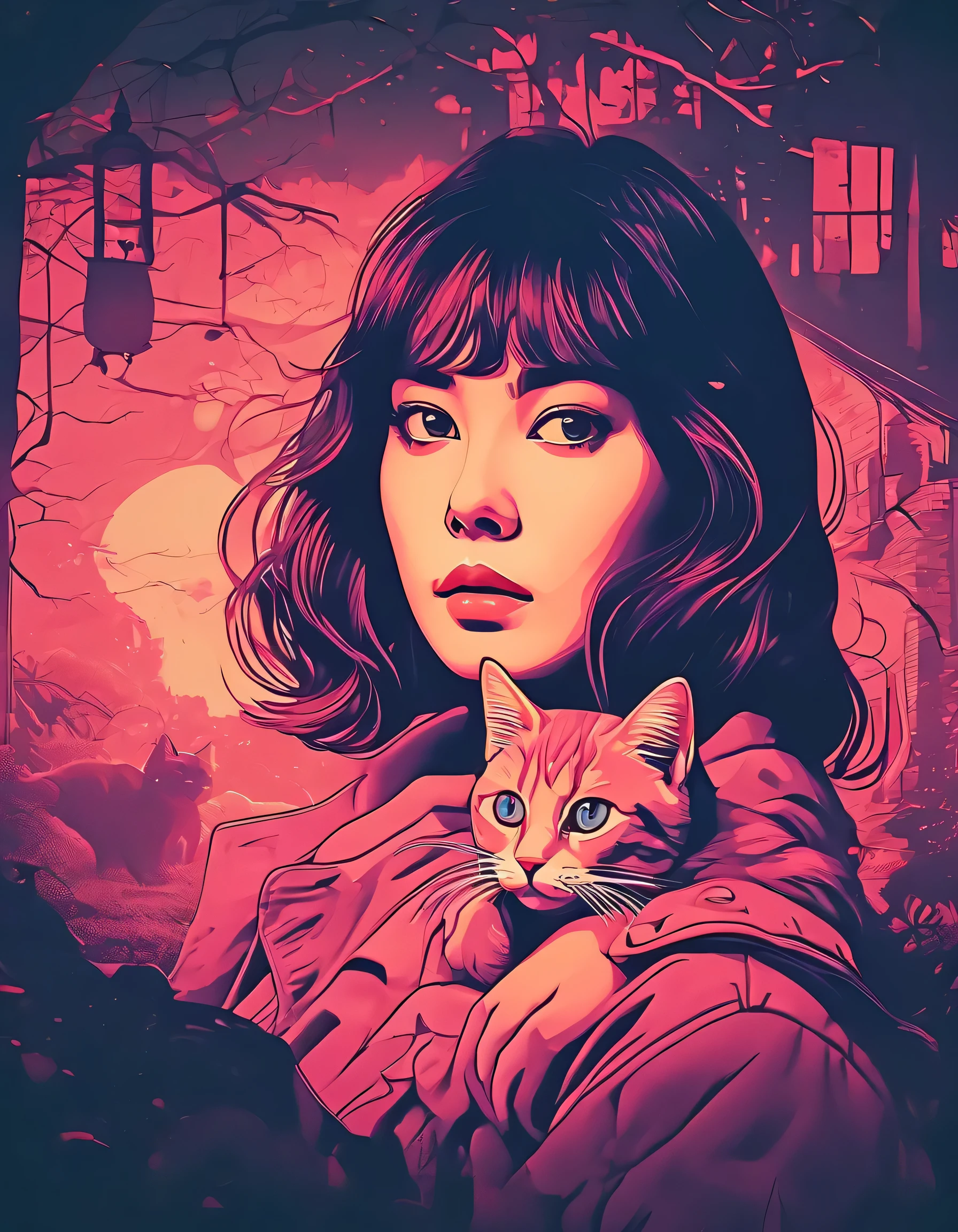 beautiful girl and cute cat、The mental world of a mentally ill person 、Abstract、 real illustration 、art、80s horror movie poster ,  high detail, Realistic shadows,  Color Difference,  surrealism 、  Complementary Gradients 、Melancholy、 greatest masterpiece、horror scene