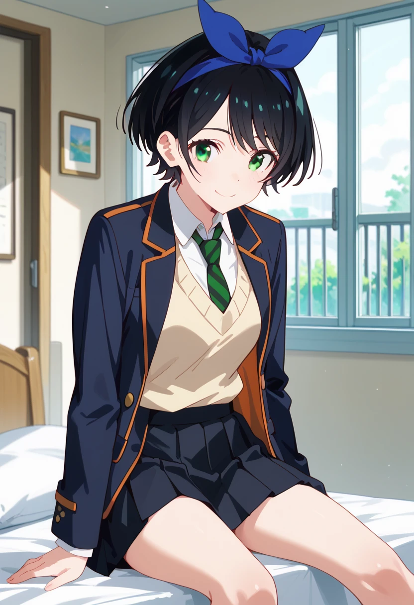 best quality, high resolution, 8k, solo, (Ruka Sarashina, short hair, bangs, black hair, ribbon, green eyes, hair ribbon, headband, blue headband, skirt, shirt, long sleeve, uniform, jacket, white shirt, Pleated skirt, tie, stripe, black skirt, black jacket, blazer, sweater vest, striped tie, green tie) happy smile, room, sitting on bed, knees to chest, panty shot, white panties