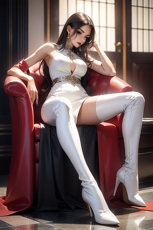 sexy character, the very sexy woman, sexy outfit, sexy long white boots shoes, full-length, many details