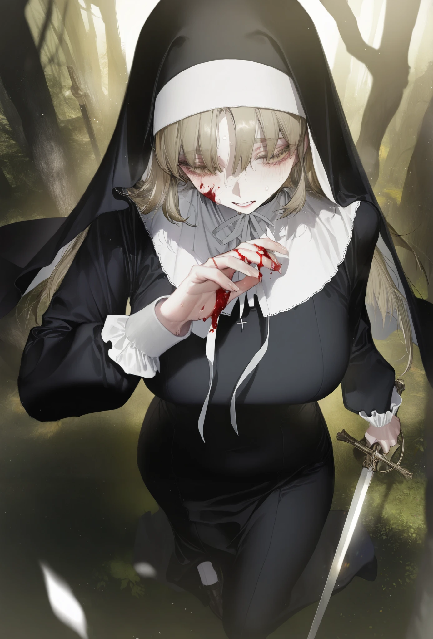 1girl, sister claire(nun), au (d elete), rella, liduke, pigeon666, reoen, sweat, from above, plump, wiping blood on face, holding sword, walking through forest, depth of field, cinematic, masterpiece, best quality, good quality, newest
