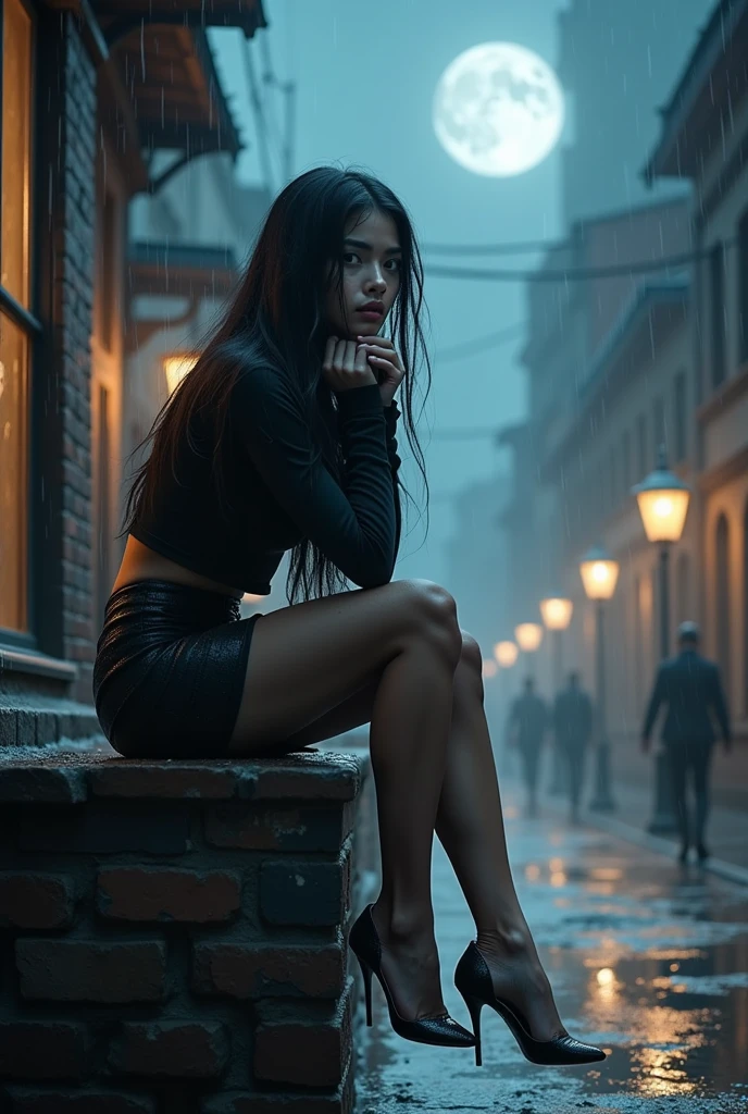 A photorealistic girl with a mesmerizing gaze, sitting on a high weathered old brick wall,stool in the center of the town square, with folded arms on the chin, battered by a torrential windstorm and heavy rain, adorned with a flowing long tulle scarf, showcasing flawless legs and heels, dressed in a long-sleeved shirt and an uplifted mini skirt, with raven-black long hair, set against a dark city sidewalk, with dimmed lights, mist, and dripping water, under the ominous glow of a full dark moon, her eyes locked intensely on the sky. 