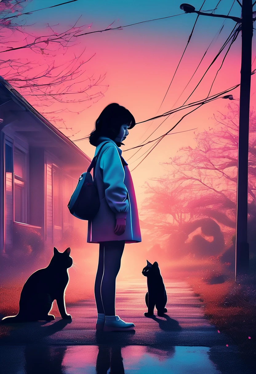 beautiful girl and cute cat、The mental world of a mentally ill person 、Abstract、Realistic illustration、art、80s horror movie poster ,  high detail, Realistic shadows,  Color Difference,  surrealism 、  complementary gradation 、Melancholy、 greatest masterpiece、horror scene