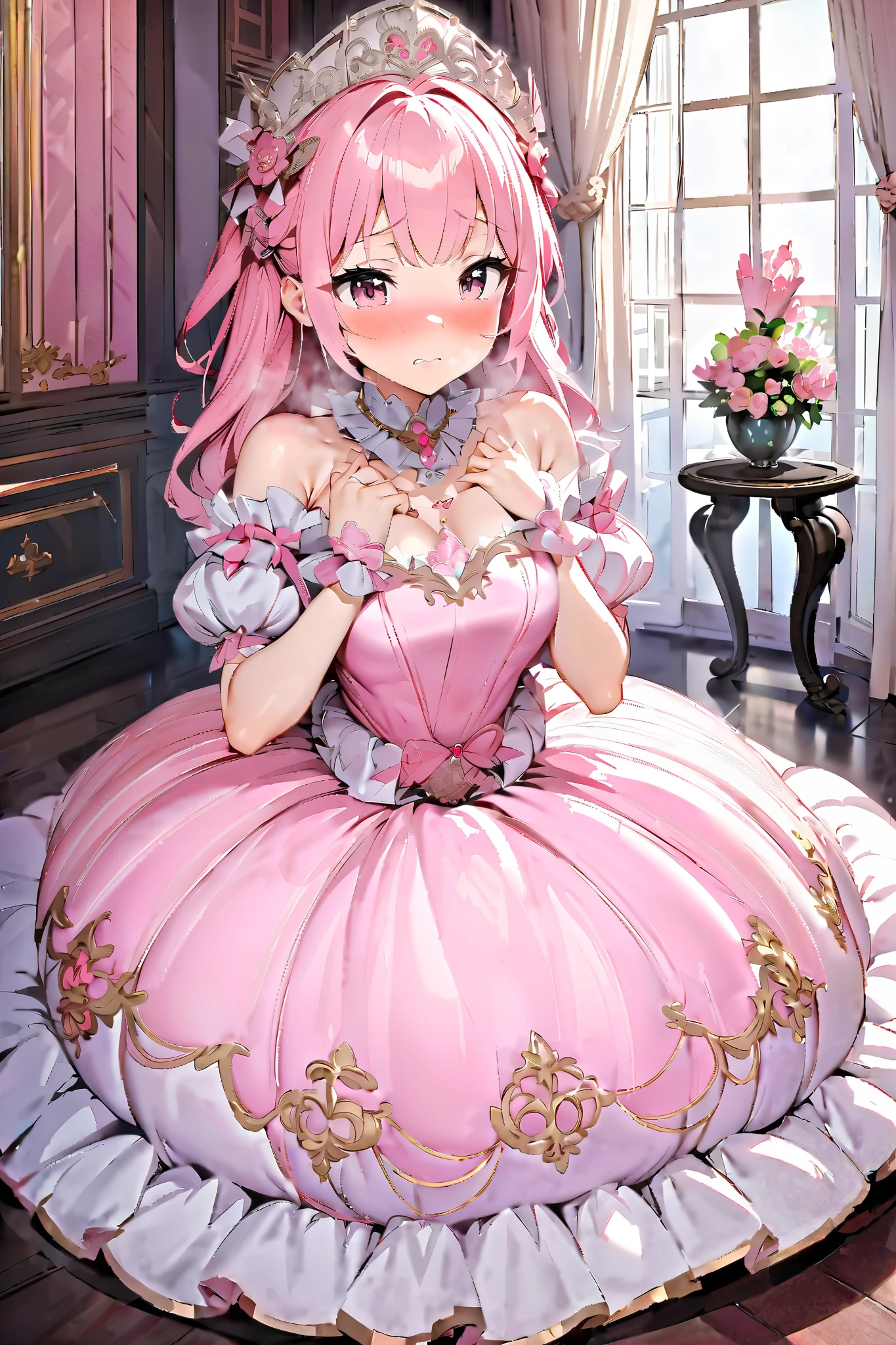 Anime girl in pink dress sitting on floor with pink flowers - SeaArt AI