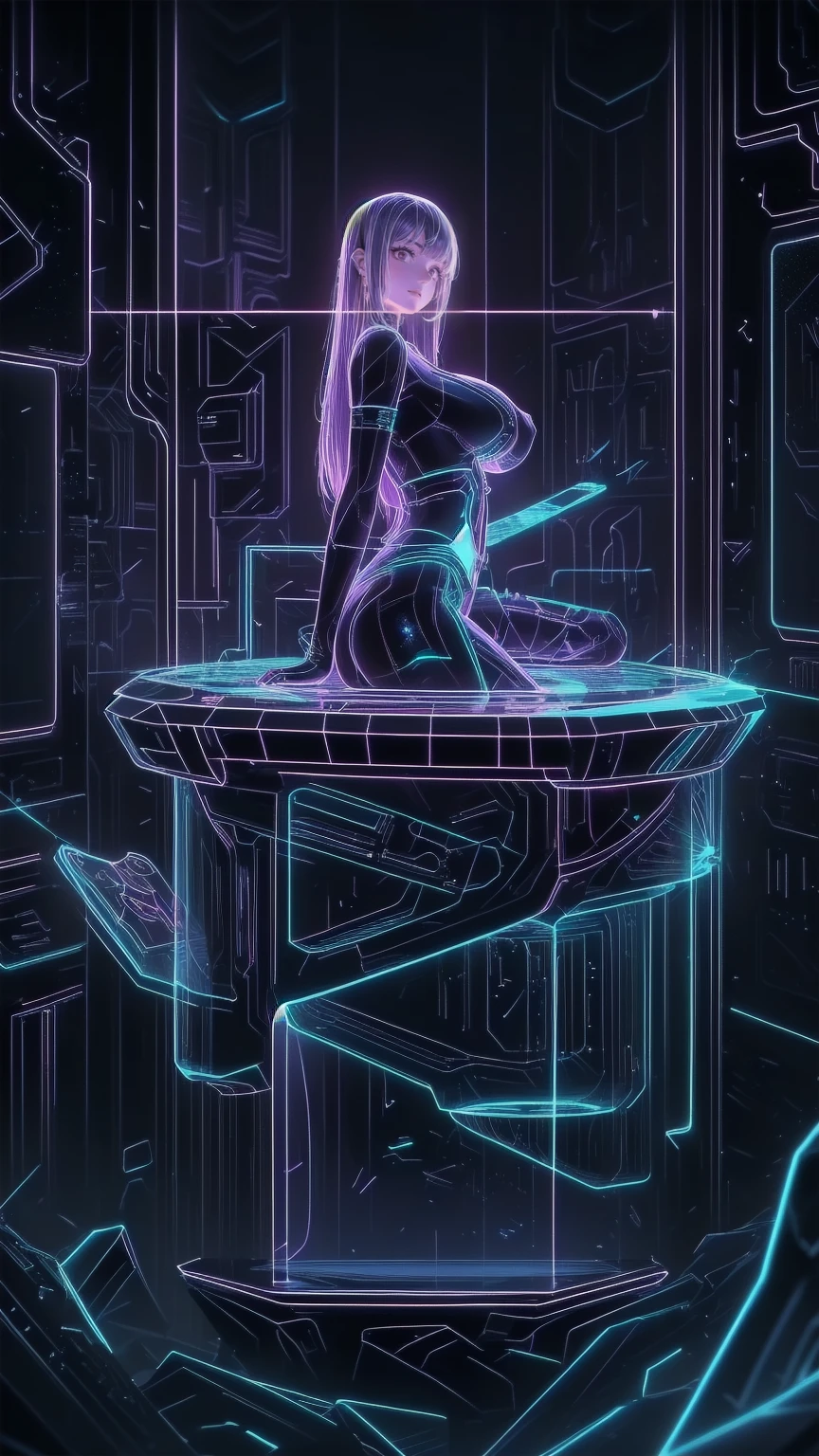 extremely detailed fine touch, 2D, (((yellow underrim glasses:1.3))), (headphones:1.0), 1 girl, from below, 1 other, {crystal body}, {{clearly body}}, slender, small breasts, {see-though body suit}, {crystal hair}, white line, shine line, neon line, x-ray, hologram, backlighting, best quality, very aesthetic, {prism light}, jewel eyes, tear drop, ice body, freezer, crushing body, amputee, {Injured poses}