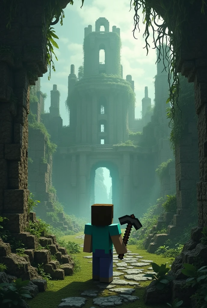    and Minecraft  theme ,  and Minecraft , ancient ruins,Ancient castle ,A  ,Abandoned Landscape, Light Shines In , Lines of Light ,Mysterious glow, アバターがancient ruinsの前に立っている ,  has an iron pickaxe,Steve
