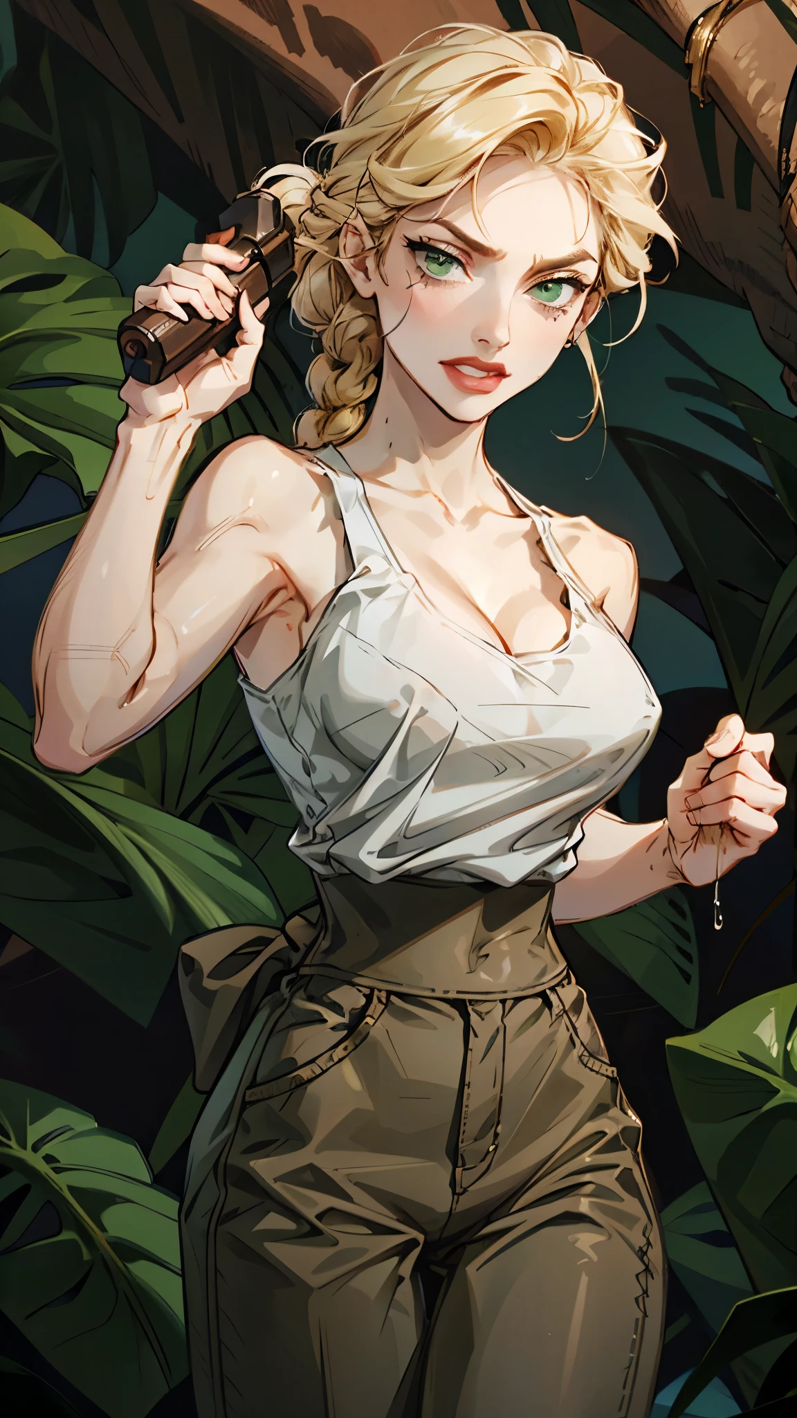 Denise, with helga's hair, evil smirk, blonde hair in braided ponytail, white tank top, cleavage, green pants, old-fashioned pistol in hand, underground cave, wet, nipple bumps