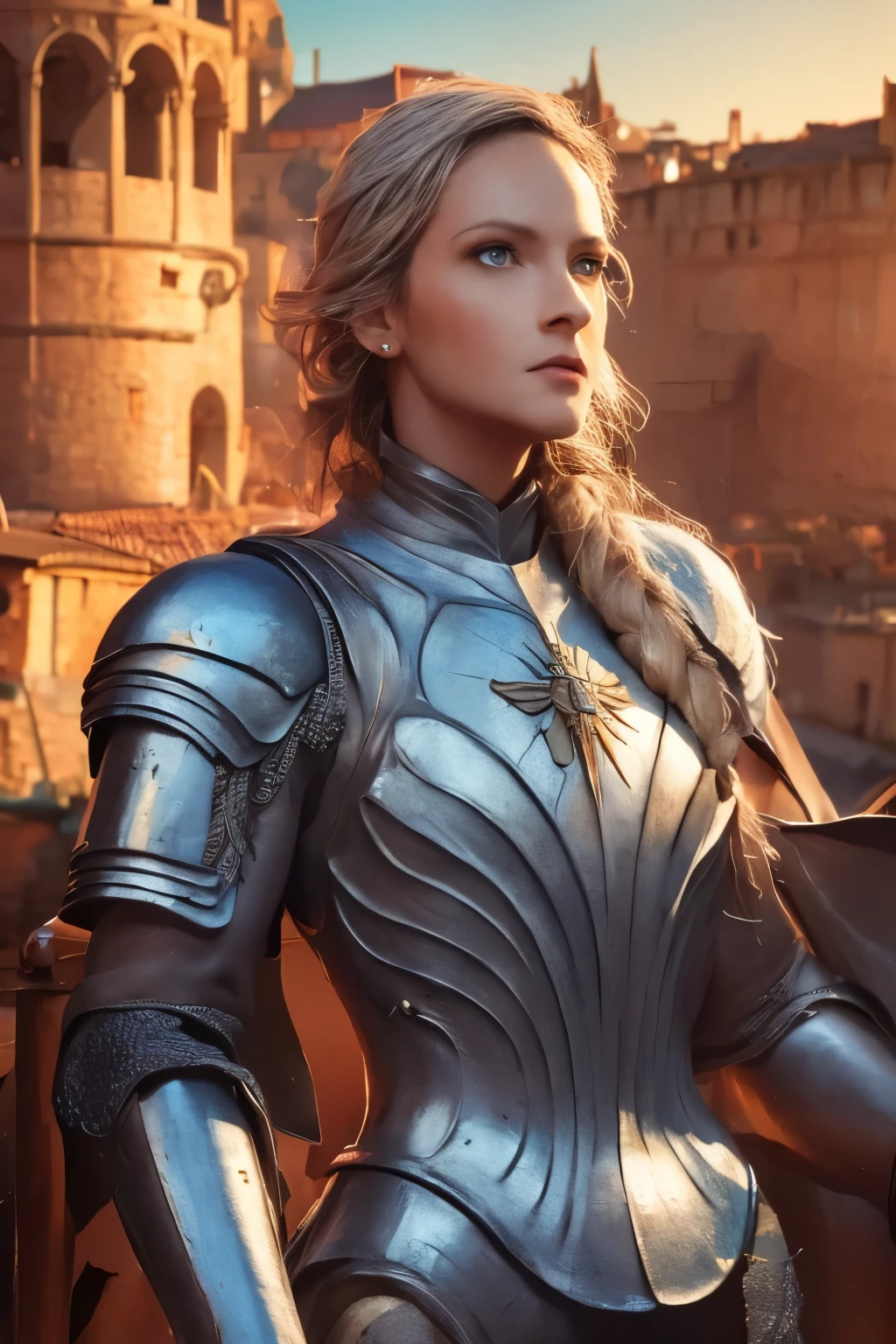 (best quality,4k,8k,highres,masterpiece:1.2),ultra-detailed,(realistic,photorealistic,photo-realistic:1.37),Hawkgirl,medieval armor,medieval city,full body portrait,beautiful detailed eyes,beautiful detailed lips,extremely detailed eyes and face,longeyelashes,shiny metal armor,ornate engravings on the armor,fierce expression,flying in the sky,proud posture,standing on a rooftop,overlooking the city,ancient stone buildings,narrow cobblestone streets,bustling marketplace,colorful banners and flags,people in medieval attire,horse-drawn carriages,rays of sunlight breaking through the clouds,castle towers in the distance,stone bridges over a winding river,vivid colors,rich texture of the armor,delicate brushstrokes,painterly style,portraits,medieval style lighting and ambiance