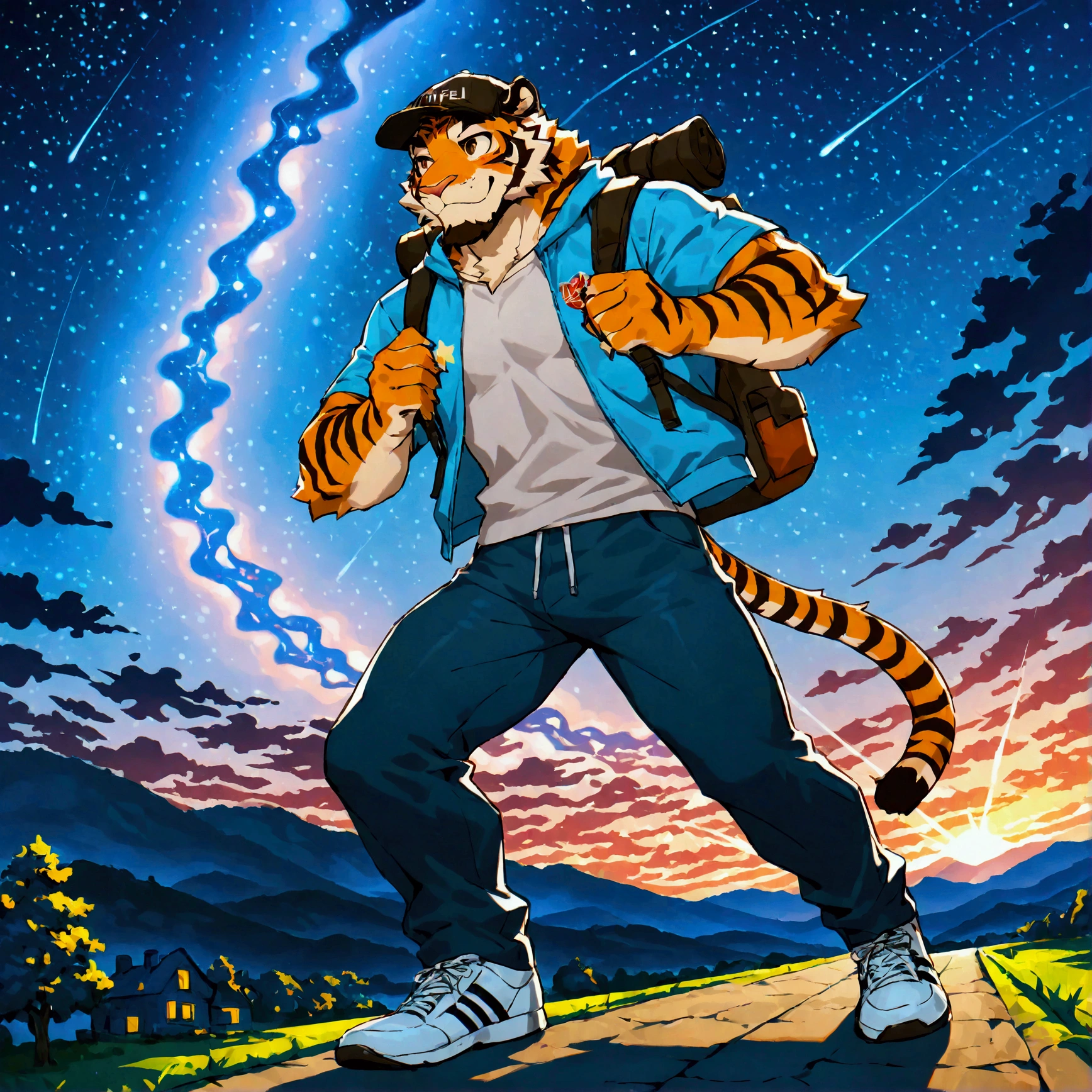 character focus, full body, looking away, dynamic angle, american country, backpacker, middle-aged tiger man, happy, little smile, backpack, baseball cap, costume clothes, jacket, shirt, half pants, detailed sneaker, standing, hiking, dynamic pose, BREAK full body in Michelangelo Buonarroti style, housamo style, digital illustration anime, detailed painting landscape, starry night sky, location Route 66, motel, path, outdoor, full color HDR, BREAK complete anatomy, perfect proportions, beautiful thigh gap, fluffy body, intricate fur details, beautiful fur texture, BREAK a detailed tiger  one tail, detailed sneaker, detailed foot, detailed hands, 5fingers, 5fingers nails, BREAK anime face, insanity detailed face, male face, big face, square jawline, anime eyes, detailed brown eyes, detailed brown cornea, detailed dark brown irises, detailed pupils, male eyes, big eyes, male eyebrows, innocent look, beautiful beard, BREAK masterpiece, official art, best quality, very aesthetic, absurdres, super fine illustration, great quality, BREAK noise reduction, very highres, large filesize, high quality, 32K, 8k wallpaper, dynamic lighting, BREAK insanity detailed, ultra detailed, intricate details, extremely detailed, detailed texture, an extremely delicate and beautiful, BREAK e621 illustration, osukemo, kemohomo, anthropomorphic, furry, harmonious body, pastoral face, virtuous eyes, no signature, american country atmosphere 