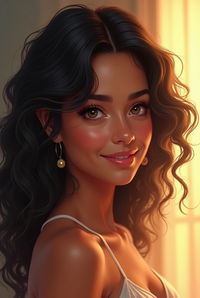 A beautiful Brazilian woman with a closed dress, black curly hair, white skin, brown eyes, Christian, Pixar style
