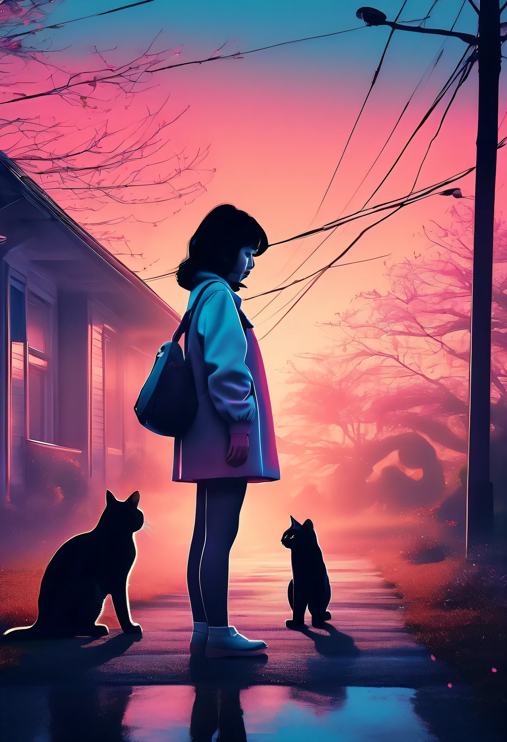 beautiful girl and cute cat、The mental world of a mentally ill person 、Abstract、Realistic illustration、art、80s horror movie poster ,  high detail, Realistic shadows,  Color Difference,  surrealism 、  complementary gradation 、Melancholy、 greatest masterpiece、horror scene