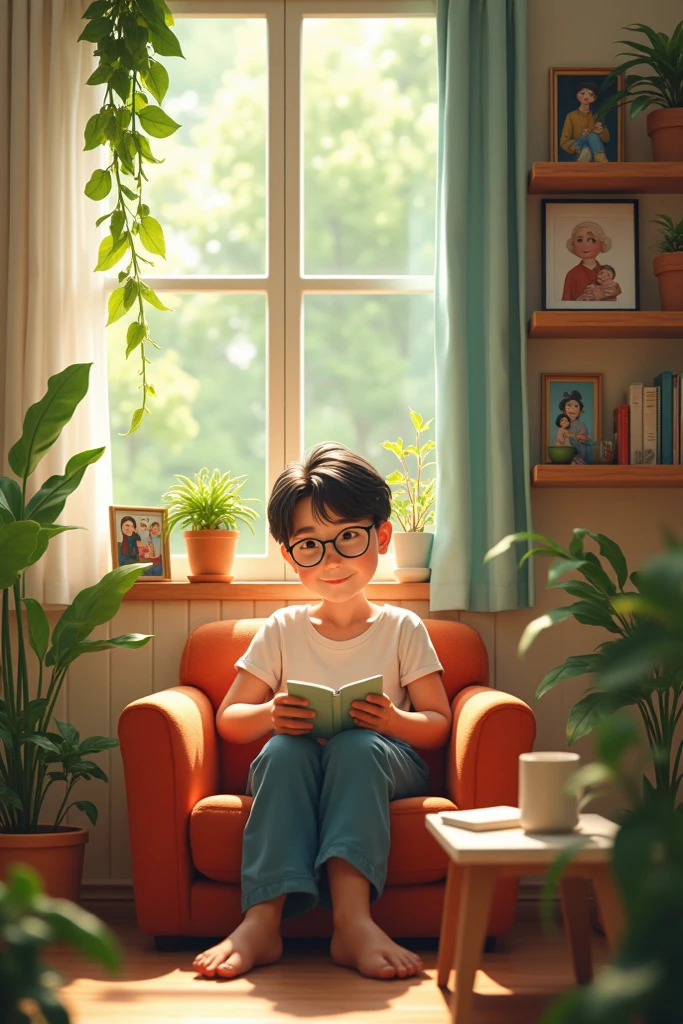Cozy room with a cute little boy and a little boy the room is full of plants, Miyazaki style