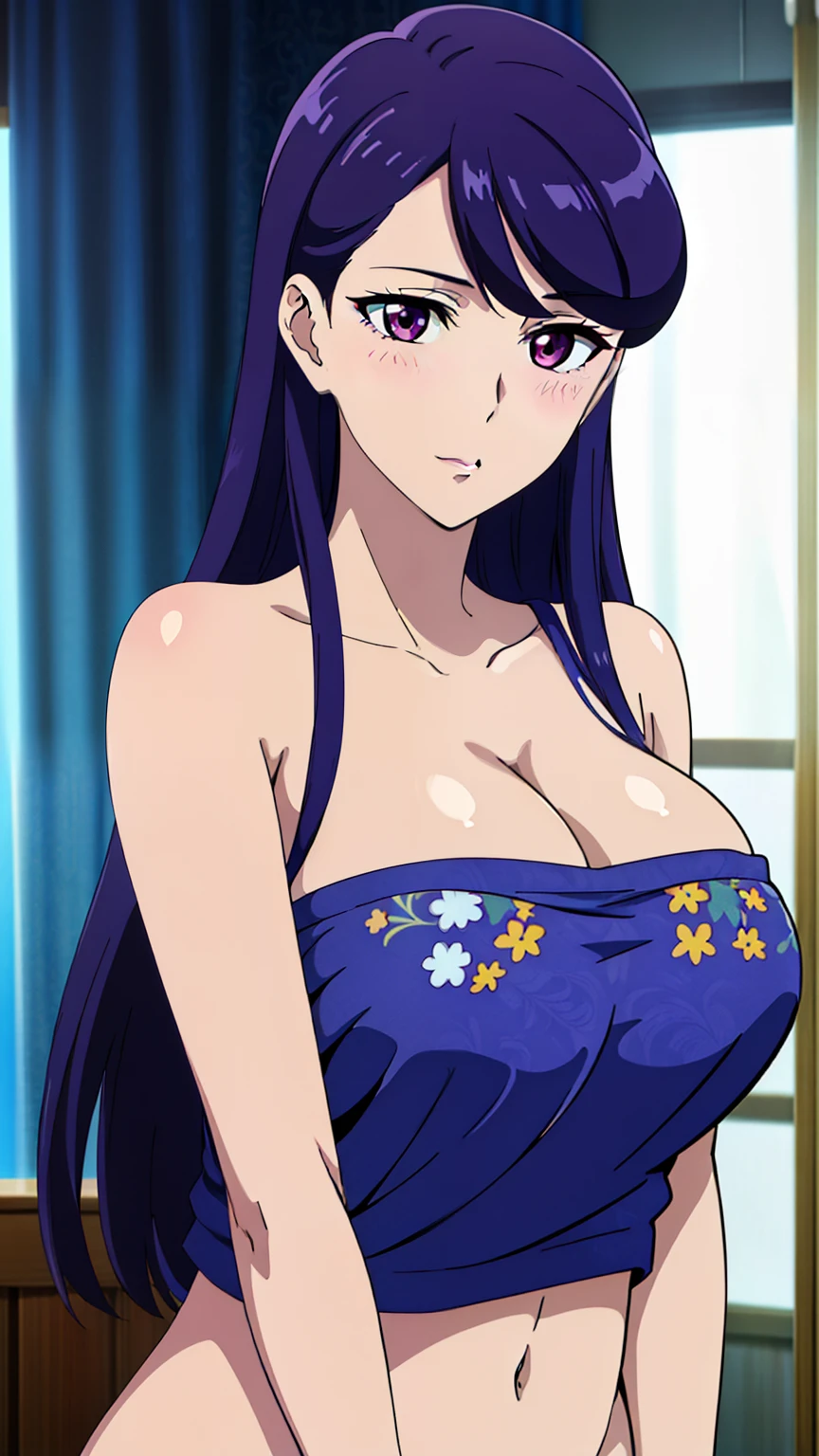 rifa,1 girl,(purple eyes, purple hair),bangs,Long Hair,(nsfw, breasts curtain, floral print, cleavage, navel, bare shoulders, bare arms, beach, blue sky, blush), 
20 years,young woman,beautiful long legs,beautiful body,
beautiful nose,beautiful character design, perfect eye, perfect face,expressive eye,perfect balance,
View your audience,(Focus on her face), (Innocent_big_eye:1.0),
Anime art style,Dynamic Angle,Official Art,Very detailed CG Unity 8k wallpaper, Perfect lighting,colorful, bright_front_face_Lighting,White skin,
(masterpiece:1.0),(Highest_quality:1.0), 超High resolution,4K,Very detailed,
photograph, 8k, high resolution, high resolution, (Absurd:1.2), Kodak Portrait 400, Film Grain,  Lens flare, (Vibrant_color:1.2),Professional Photograph,
(beautiful_Big Breasts:1,0), (beautiful_face:1.0),(narrow_Waist),