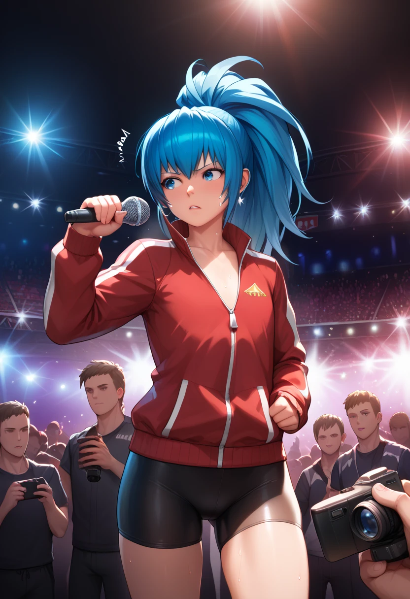 masterpiece, best quality, hyper detailed, good anatomy, perfect anatomy, BREAK 1girl,holding microphone, sweatdrop, clenched hands, best quality, amazing quality, very aesthetic, absurdres, BREAK night,indoor,  (Pro wrestling background), Spotlight, reflecting light, Lens Flare, BREAK 1girl,leonakofdg,blue hair, Sweat,(Sound Effects:1.3), (small breast , flat chest), red Track jacket, black Bike Shorts, BREAK many boys crowd, audience, BREAK boys are watching with worried looks on their faces, BREAK,ruanyi1920,holding camera,video camera,multiple boys,