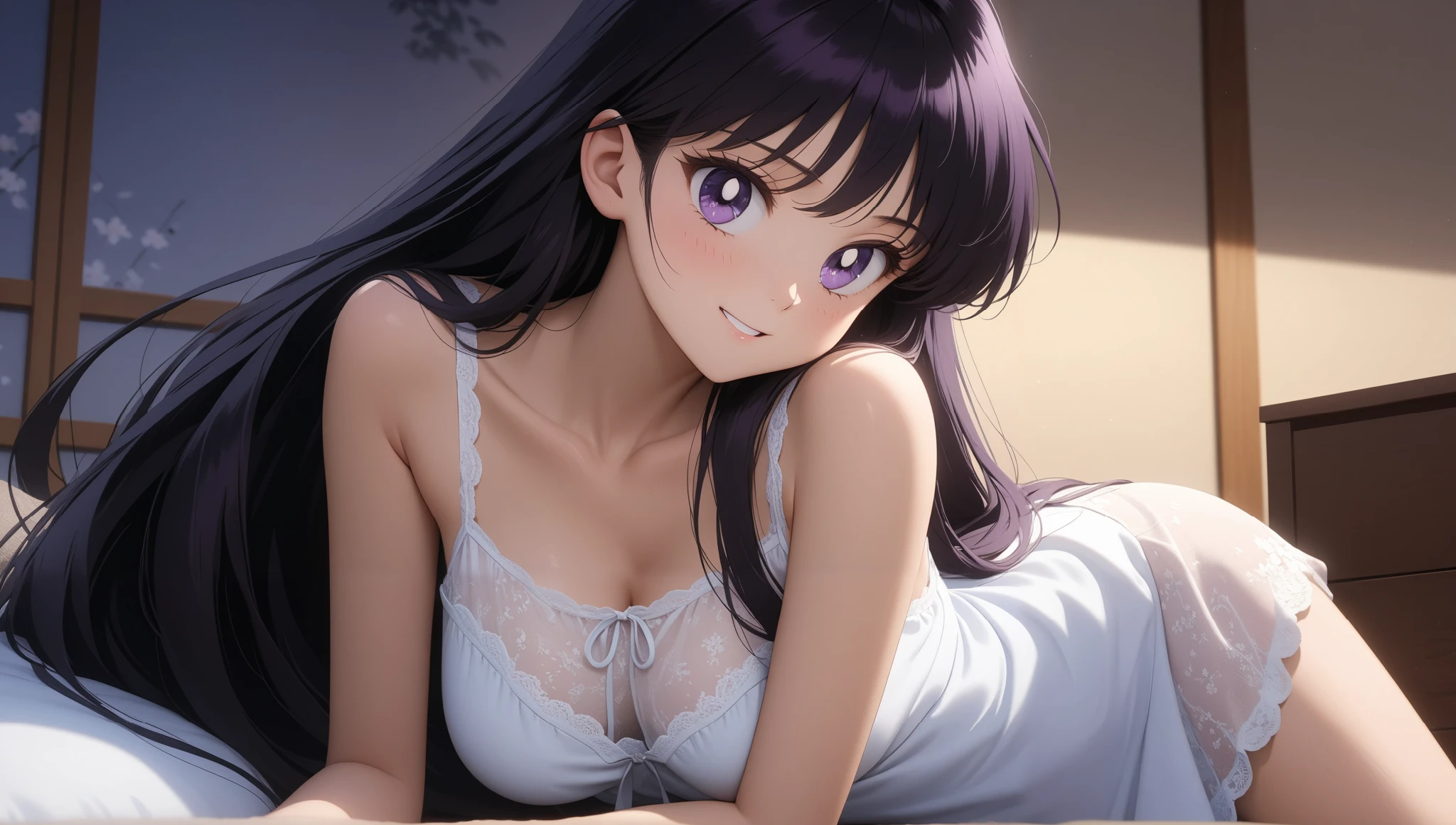 (masterpiece, best quality, very aesthetic, ultra detailed), intriguing details , 4K, aamars, long hair, black hair, happy, medium breasts, japanese bedroom, night, Elbows resting, looking at camera, whitest nightgown