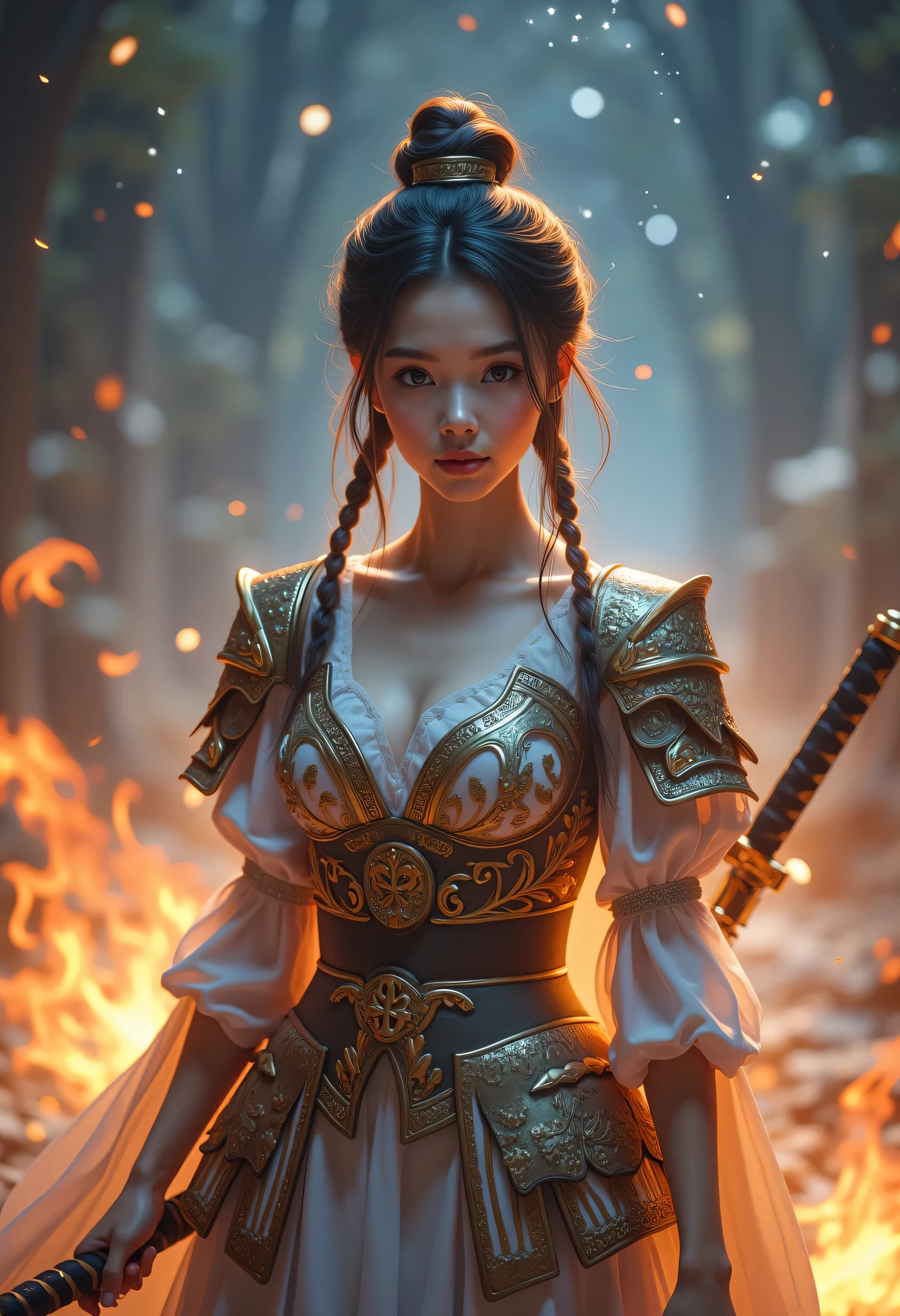 (8k, best quality, masterpiece), (Realistic, photoRealistic: 1.37), super detailed, one girl who is at ease , { Princess Night with Light }, Wide angle , Big bouncy breasts , Very delicate depiction , MINIATURE PAINTING , detailed depiction of a face , Detailed description of short hair with braids , Accurate skeleton, armor with intricate patterns, Hold a complicated Japanese sword, Long and thick sword ,Dreamy, Ultra Realistic Mixed Fantasy World , Realistic and fantasy elements combined ( Swirling Fire:1)、 look at the camera、 shy smile、