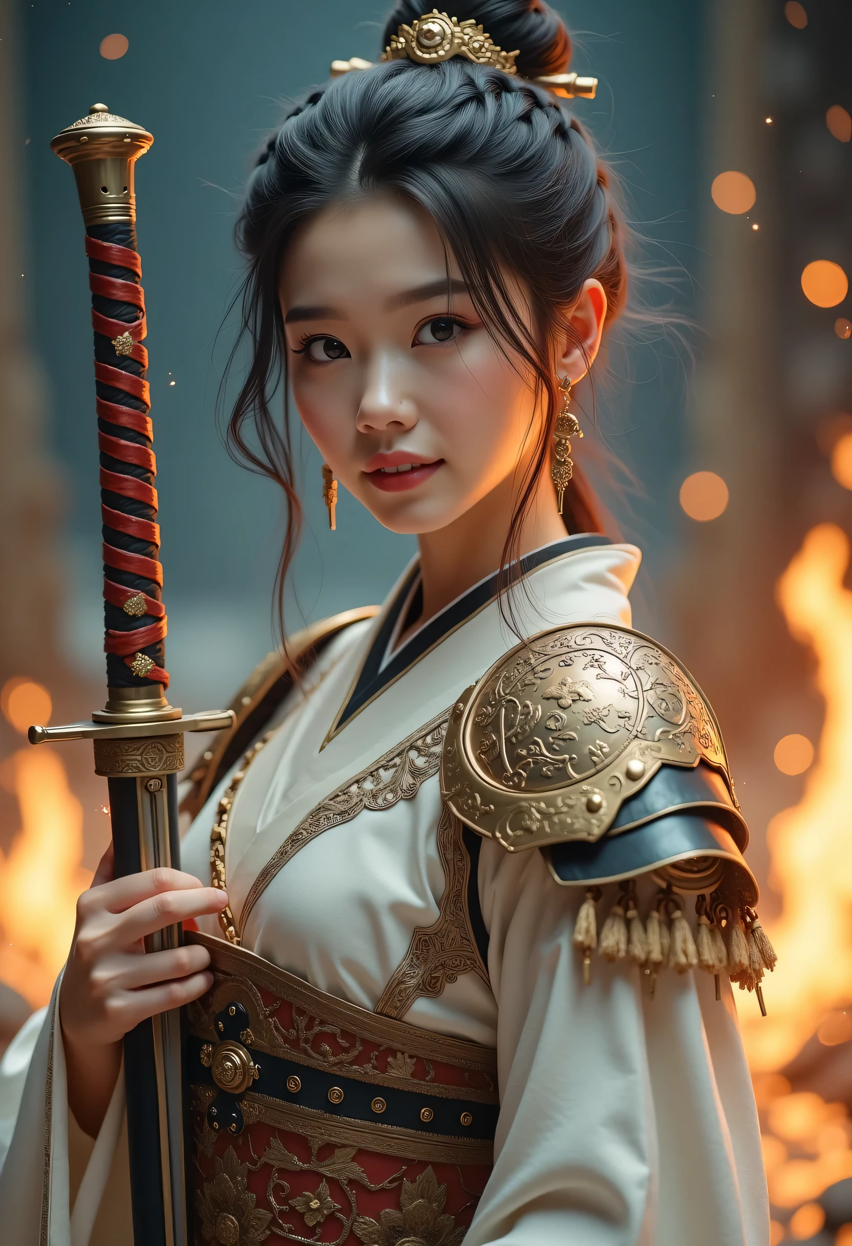 (8k, best quality, masterpiece), (Realistic, photoRealistic: 1.37), super detailed, one girl who is at ease , { Princess Night with Light }, Wide angle , Big bouncy breasts , Very delicate depiction , MINIATURE PAINTING , detailed depiction of a face , Detailed description of short hair with braids , Accurate skeleton, armor with intricate patterns, Hold a complicated Japanese sword, Long and thick sword ,Dreamy, Ultra Realistic Mixed Fantasy World , Realistic and fantasy elements combined ( Swirling Fire:1)、 look at the camera、 shy smile、