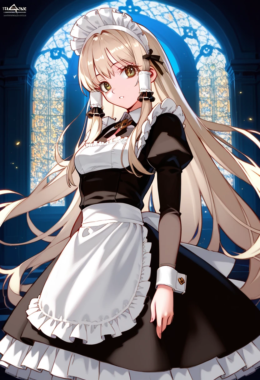 masterpiece, best quality, highly detailed, highres, hdr,, chobits, chii, feelingless,, 1girl, solo, bangs, bare shoulders, breasts, brown eyes, clamp (circle) (style), platinum blonde hair, very long hair, robot ears, small breasts, hair tubes,, maid, maid headdress, maid apron, victorian maid, maid dress,, mksks style, beautiful background, detailed background, professional lightning, mansion, indoor, gold ornament, gold, gold effects,