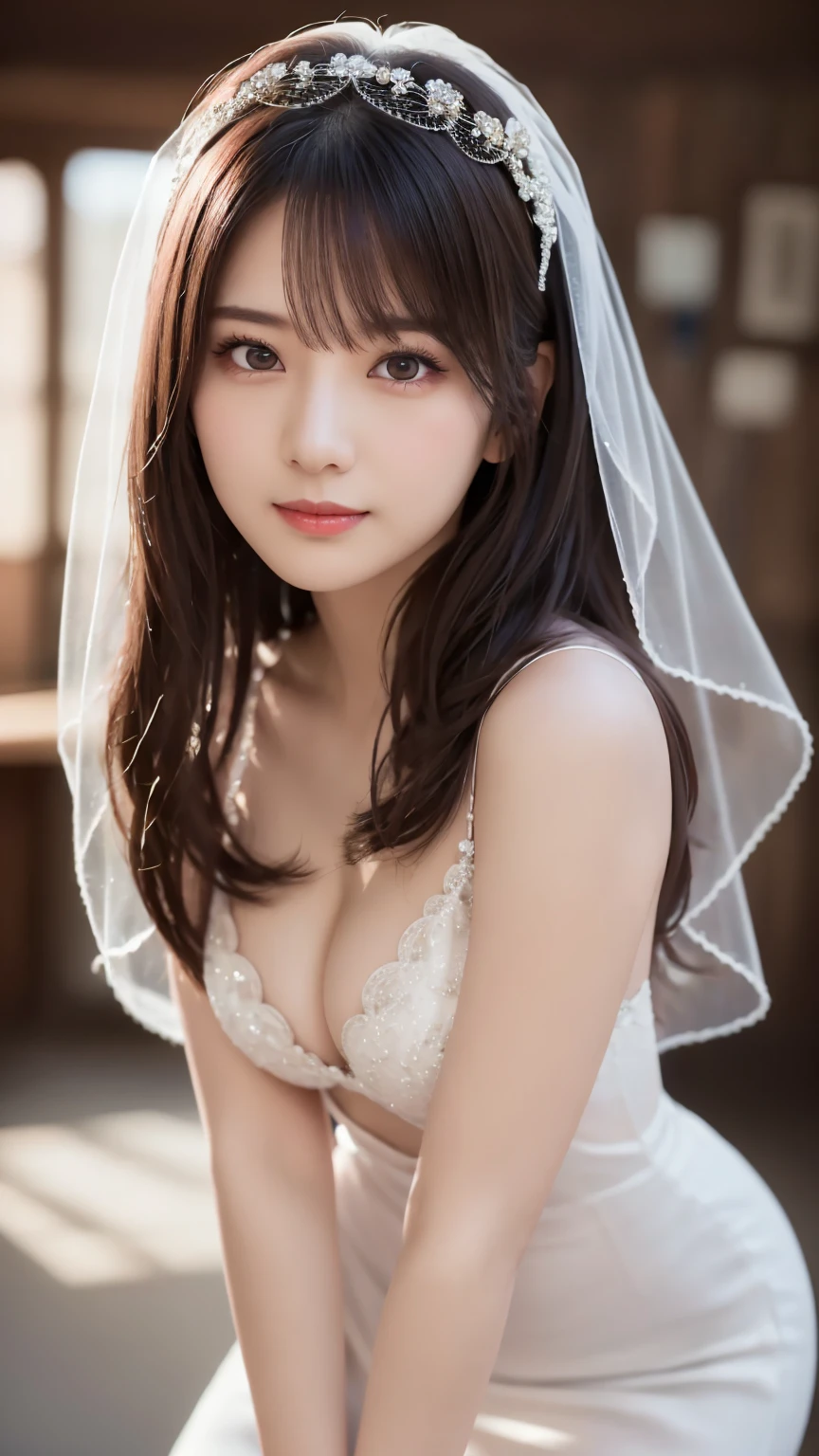 (Thin legs : 1.3), (bridal gown with veil : 1.4), (Put your hands together : 1.5), Feminine dark hair , ( Delicate and realistic hair, 1 1 Realistic Hair), bangs,  natural colored lips, (smile : 1.2), ((white indoor)), indoor, ( 18 year old female  : 1. 2),  young and adorable Japanese face,  Official Art,  high definition CG Unity 8k wallpaper, (masterpiece: 1.0) , ( best quality: 1. 0), ( best quality: 1. 0), Ultra  high definition ,4K, Very detailed,  half photos with Brazil,8k, NFSDW  , high definition , Kodak Portrait 400, film grain , lens flare glow, best quality,8k, NFSDW  :1. 2),  as a portrait shot,8k, Show viewer , ((masterpiece)), (( best quality)), ( super detailed), ((cute)), (Nice), (( sexy)), (( Very detailedな)), (detailed clothing features), 4K, (8k), (beautiful), Illustration, beautiful Japanese woman, ((1 female)), beautiful black hair, ( long hair:1.2), ((beautiful eyes)),  lens flare , (((Front View))), ((facing))、(Bold Cleavage : 1.3)