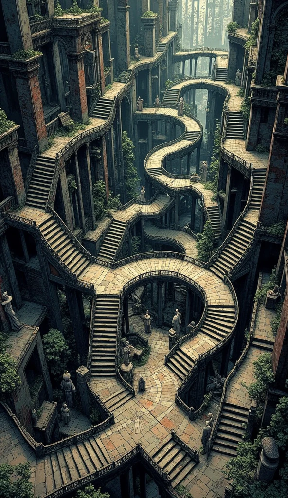 a city with interconnecting stairs in the style of mc escher stairs labyrinth. a lot of stairs are built in an impossible manner. the environment is dark with little light. it is an old ruins buried underground, with plants start to envelop the architecture. deteriorations can be seen on the structure. top down perspective view, seeing a wide angle of the location. there are multiple statues in the ruins.