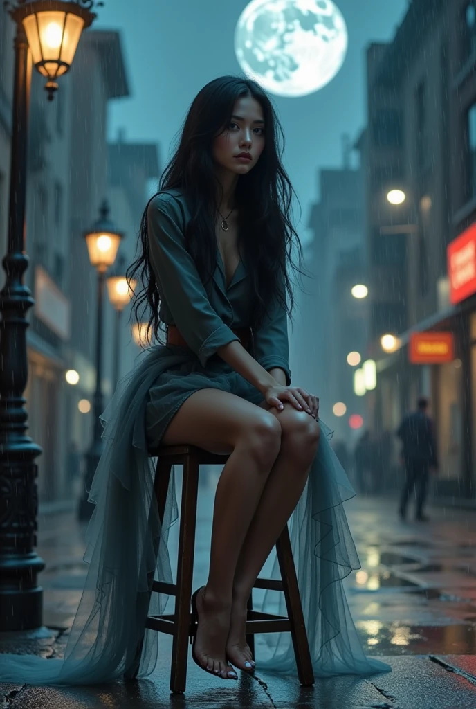 A photorealistic girl with a mesmerizing gaze, sitting on a high stool in the center of the town square, with folded arms on the chin, battered by a torrential windstorm and heavy rain, adorned with a flowing long tulle scarf, showcasing flawless legs and heels, dressed in a long-sleeved shirt and an uplifted mini skirt, with raven-black long hair, set against a dark city sidewalk, with dimmed lights, mist, and dripping water, under the ominous glow of a full dark moon, her eyes locked intensely on the sky. 