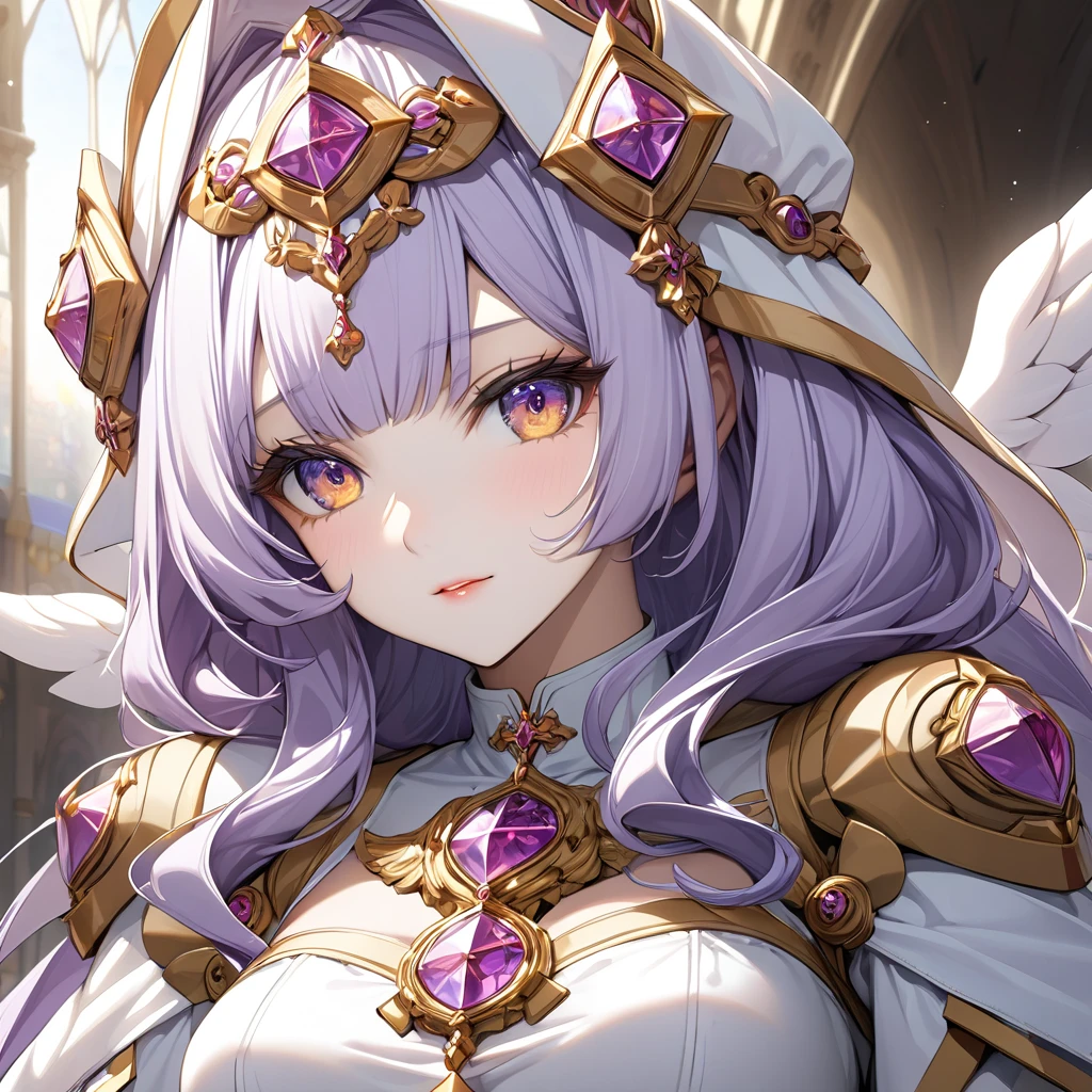 ((  best quality )), ((  Masterpiece )), (  Details), （ perfect face）、 Extia Magica women have light purple hair、Women are blessed by God 、 brainwashed to become angels loyal to God .