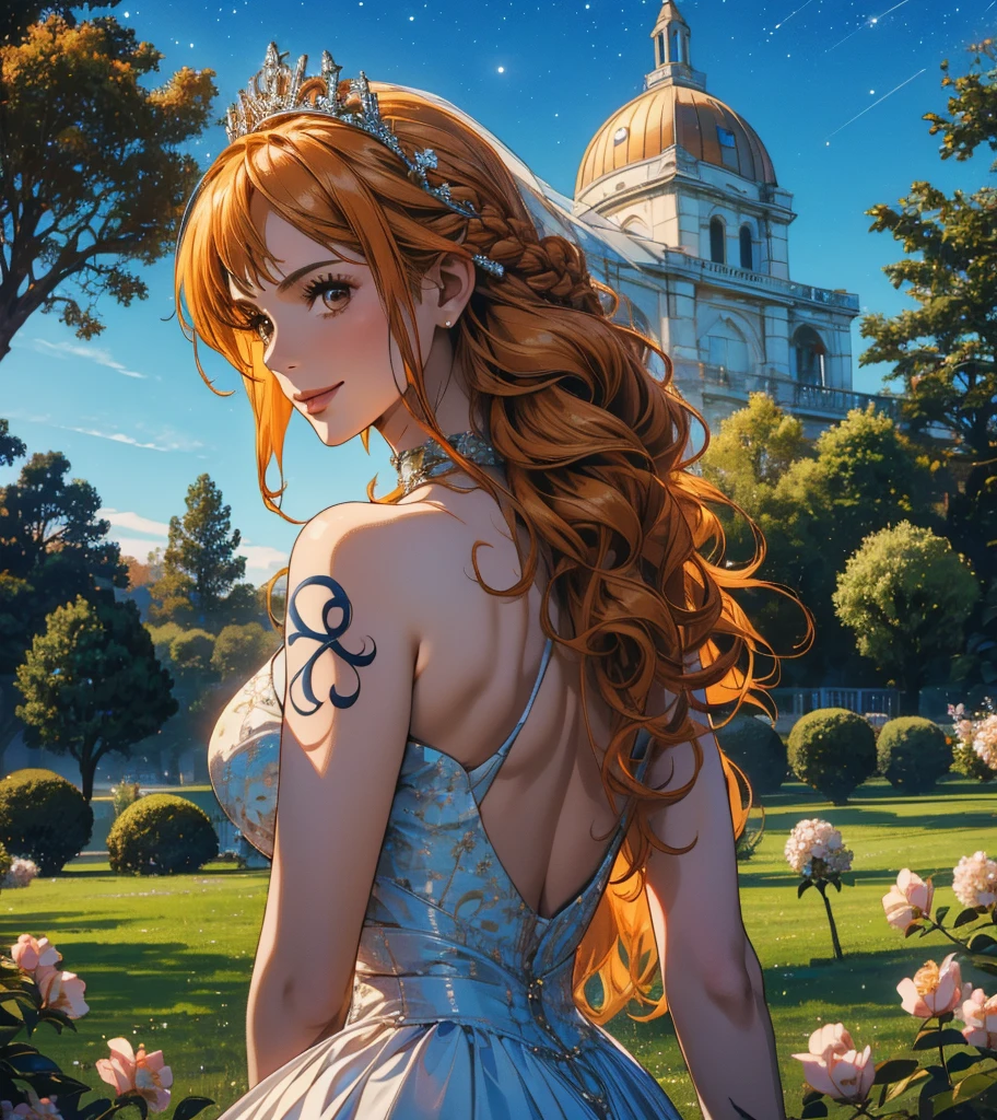 (masterpiece, high resolution, Ultra-detailed:1.0), (1W, adult women), perfect female body,eyes look at the camera, (princess:1.3), delicate eyes and delicate face, very detailed CG, unity 8k wallpaper, intricate details, Solo person, detailed face, (white royal costume, with long orange hair, blue eyes, Glad look), outdoor, Sonoko, Flowers and trees, marble column, color difference, depth of field, dramatic shadows, ray tracing, best quality, portrait