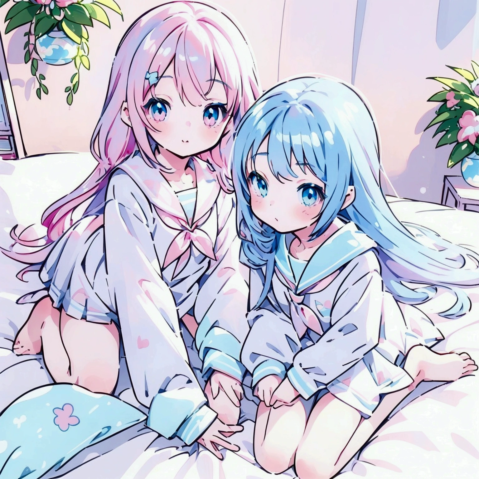  super detailed,  Highly Detailed CG, masterpiece,  High Quality , 4K,  high definition ,, Anime Style Illustrations , cute,( twin girls:1.3),About junior high school age,White Sailor Suit, Long Sleeve , Clear Skin,barefoot, long hair, cute部屋, White Stylish Beds ,Pastel Pink Sheets ,Heart shaped pillow,pastel blue curtains,(pale),Girl 1:  braids ,  pastel pink hair ,( pastel pink eyes ), Pastel Pink Skirts ,((Wariza on bed )),Girl 2: ( pastel blue hair ),  ponytail,  hair hanging over shoulders , pastel blue skirt , ((Wariza on bed )),Pastel blue eyes