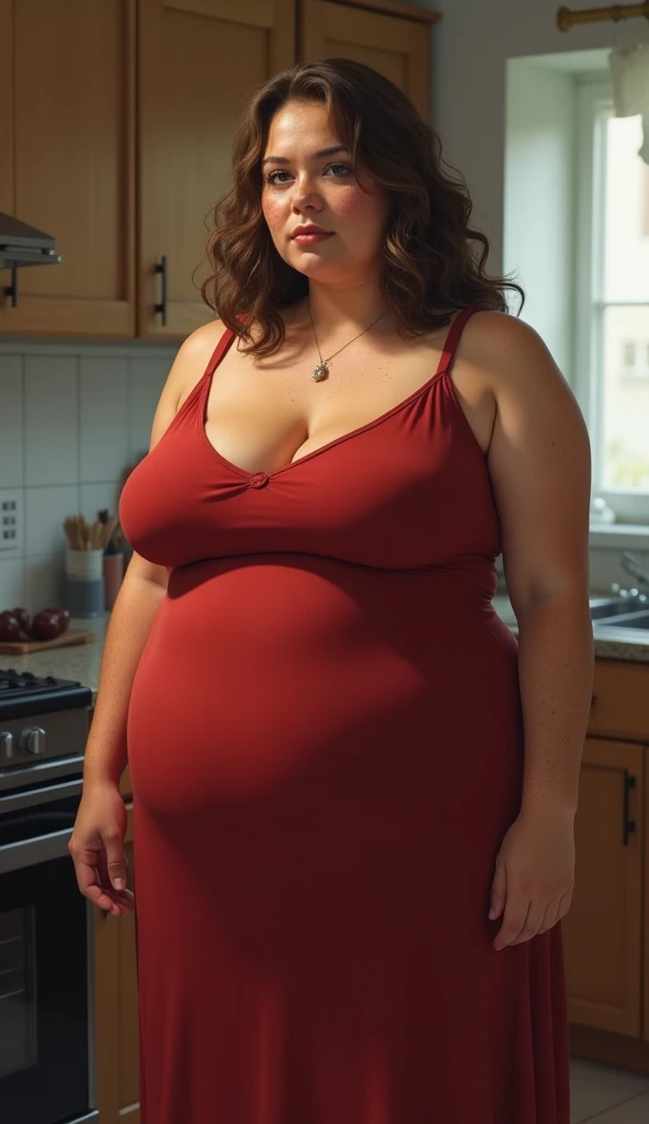Reminiscent of Evan Rachel Wood, a fifty-year-old woman, with a tall and hefty build, large breasts, a black bun for hair, the ideal amount of chubbiness, being overweight, and squinting, she is a master of quality. Working in the kitchen, wearing a naked apron, full body portrait, and the scene is incredibly detailed.