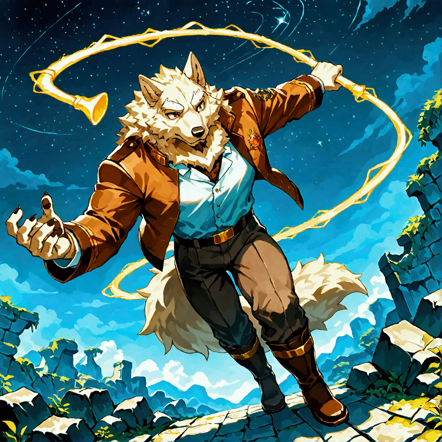 character focus, full body, looking away, dynamic angle, summoner, a middle-aged wolf man, magical costume clothes, jacket, shirt, pants, boots, setup magic whip summoning salamander, dynamic pose, BREAK full body in Michelangelo Buonarroti style, housamo style, digital illustration anime, detailed painting landscape, starry sky, jungle ruins, outdoor, full color, HDR, BREAK complete anatomy, perfect proportions, beautiful thigh gap, fluffy body, intricate fur details, beautiful fur texture, BREAK a detailed wolf 1tail, detailed boots, detailed foot, detailed hands, 5fingers, 5fingers nails, BREAK aesthetic anime face, insanity detailed face, male face, big face, square jawline, aesthetic anime eyes, detailed brown eyes, detailed brown cornea, detailed dark brown irises, detailed pupils, male eyes, big eyes, male eyebrows, innocent look, beautiful beard, BREAK masterpiece, official art, best quality, very aesthetic, absurdres, super fine illustration, great quality, BREAK noise reduction, very highres, large filesize, high quality, 32K, 8k wallpaper, dynamic lighting, BREAK insanity detailed, ultra detailed, intricate details, extremely detailed, detailed texture, an extremely delicate and beautiful, BREAK e621 illustration, osukemo, kemohomo, anthropomorphic, furry, cartoon, harmonious, pastoral face, virtuous eyes, epic atmosphere