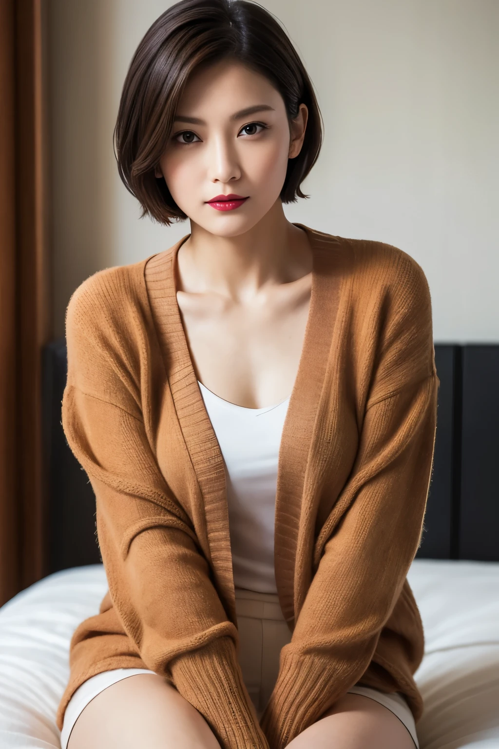 Arafed asian woman sitting on a bed with a brown cardigan - SeaArt AI