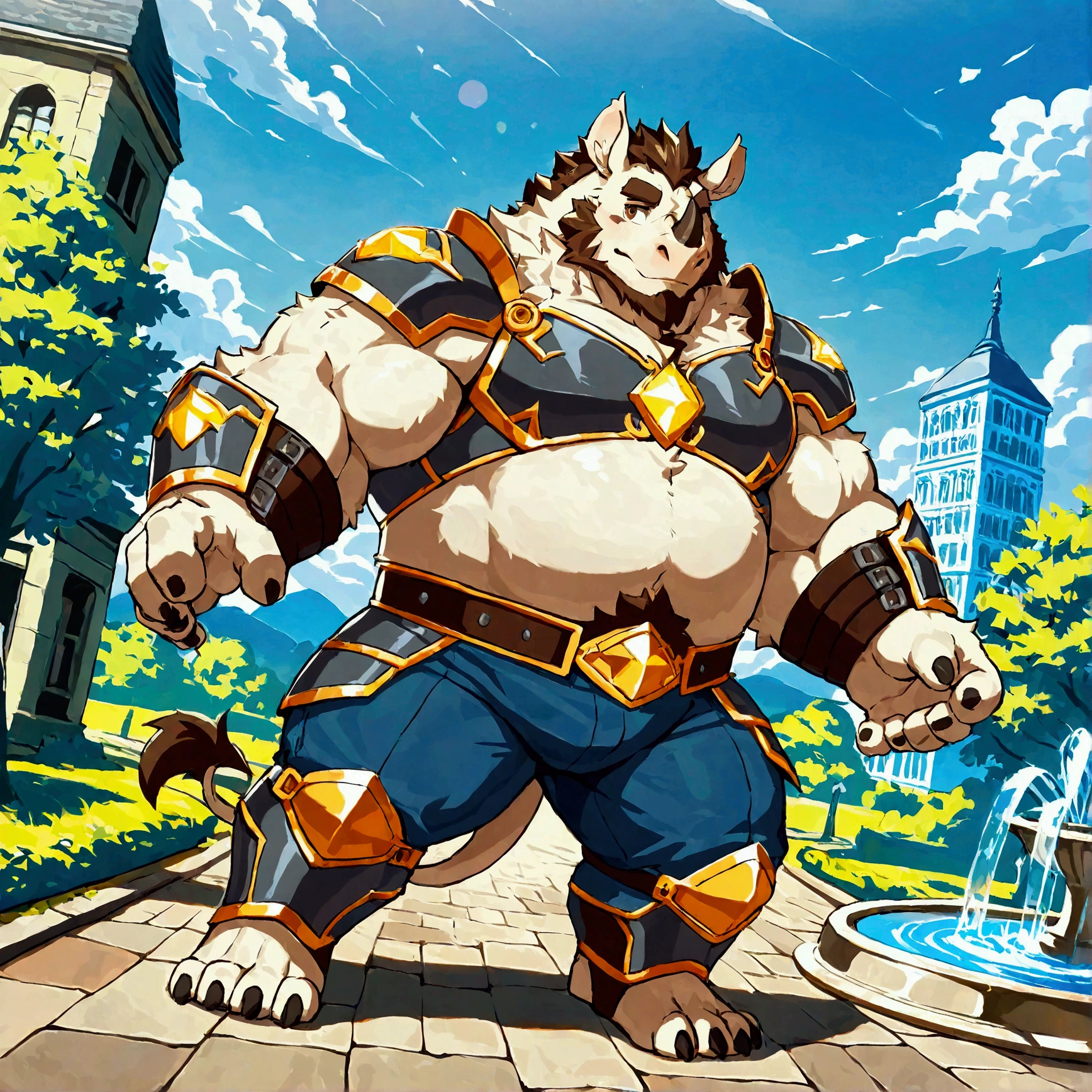 character focus, full body, looking away, dynamic angle, a musclegut middle-aged rhinoceros man, heroic costume clothes, armor, pants, inner, dynamic pose, BREAK complete anatomy, perfect proportions, beautiful thigh gap, fluffy body, intricate fur details, beautiful fur texture, BREAK a detailed rhinoceros 1tail, detailed rhinoceros toes, detailed foot, detailed hands, 5fingers, 5fingers nails, BREAK aesthetic anime face, insanity detailed face, male face, big face, square jawline, aesthetic anime eyes, detailed brown eyes, detailed brown cornea, detailed dark brown irises, detailed pupils, male eyes, big eyes, male eyebrows, innocent look, beautiful beard, BREAK full body in Michelangelo Buonarroti style, digital illustration anime, housamo style, detailed painting landscape, european, fountain, path, outdoor, full body, HDR, BREAK masterpiece, official art, best quality, very aesthetic, absurdres, super fine illustration, great quality, BREAK noise reduction, very highres, large filesize, high quality, 32K, 8k wallpaper, dynamic lighting, BREAK insanity detailed, ultra detailed, intricate details, extremely detailed, detailed texture, an extremely delicate and beautiful, BREAK osukemo, e621 illustration, kemohomo, anthropomorphic, furry, cartoon, harmonious body, pastoral face, virtuous eyes, epic atmosphere